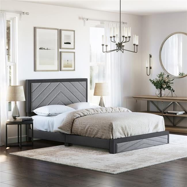 Gray Linen Upholstered Queen Platform Bed with Tufted Headboard