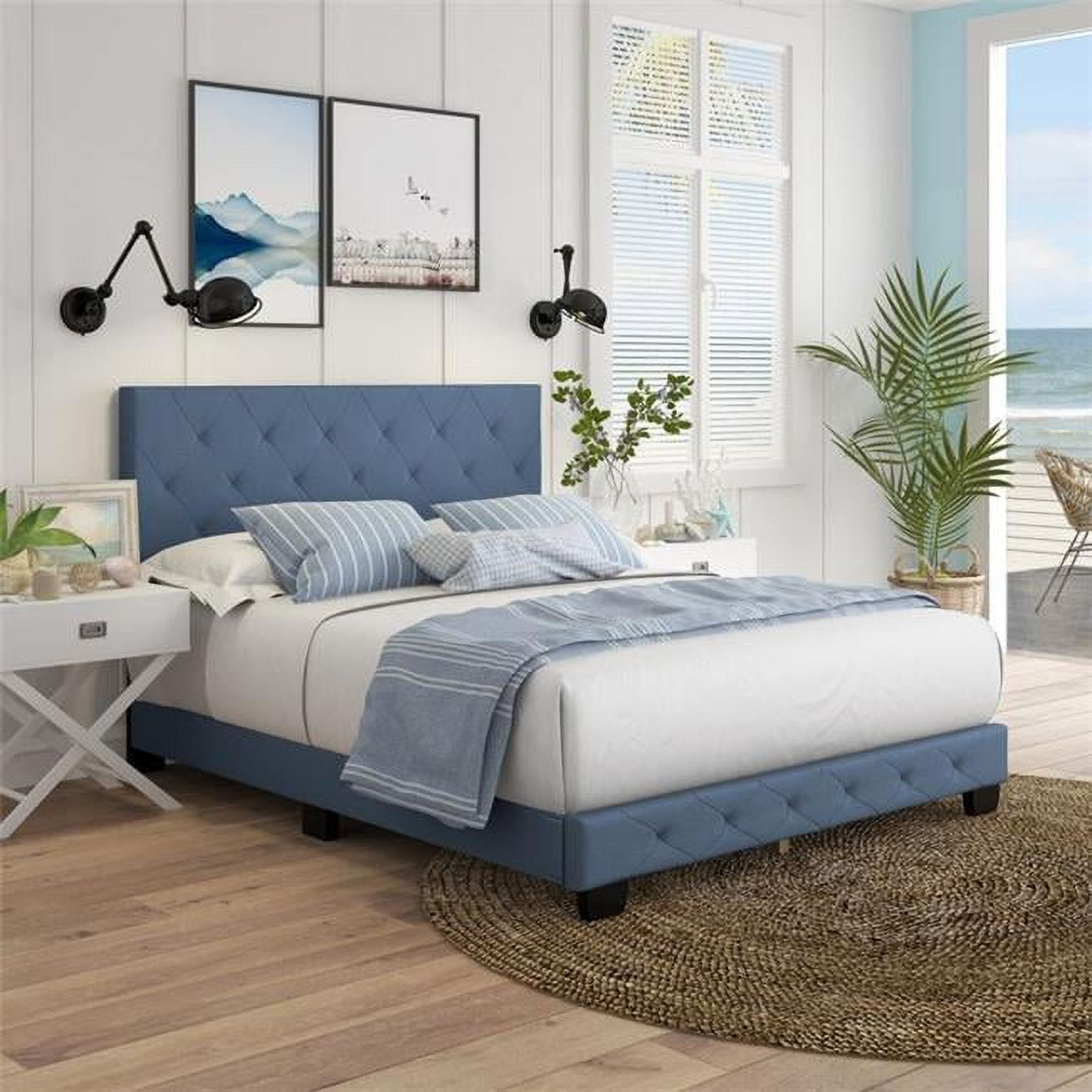 Full Blue Linen Upholstered Platform Bed with Tufted Headboard