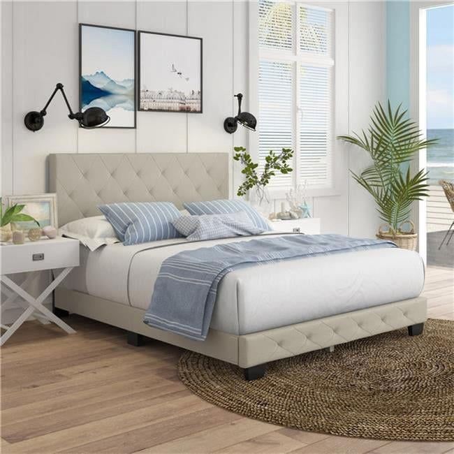 Chloe Beige Linen King Size Upholstered Platform Bed with Tufted Headboard
