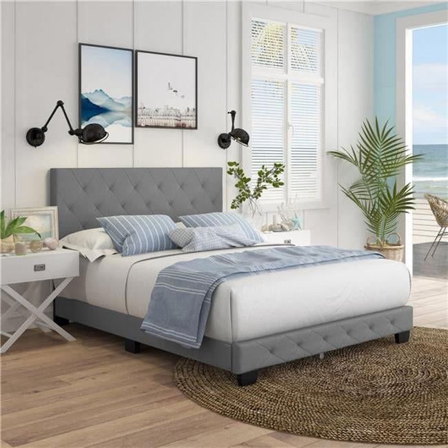 Charlotte Contemporary Tufted Linen Queen Platform Bed in Grey