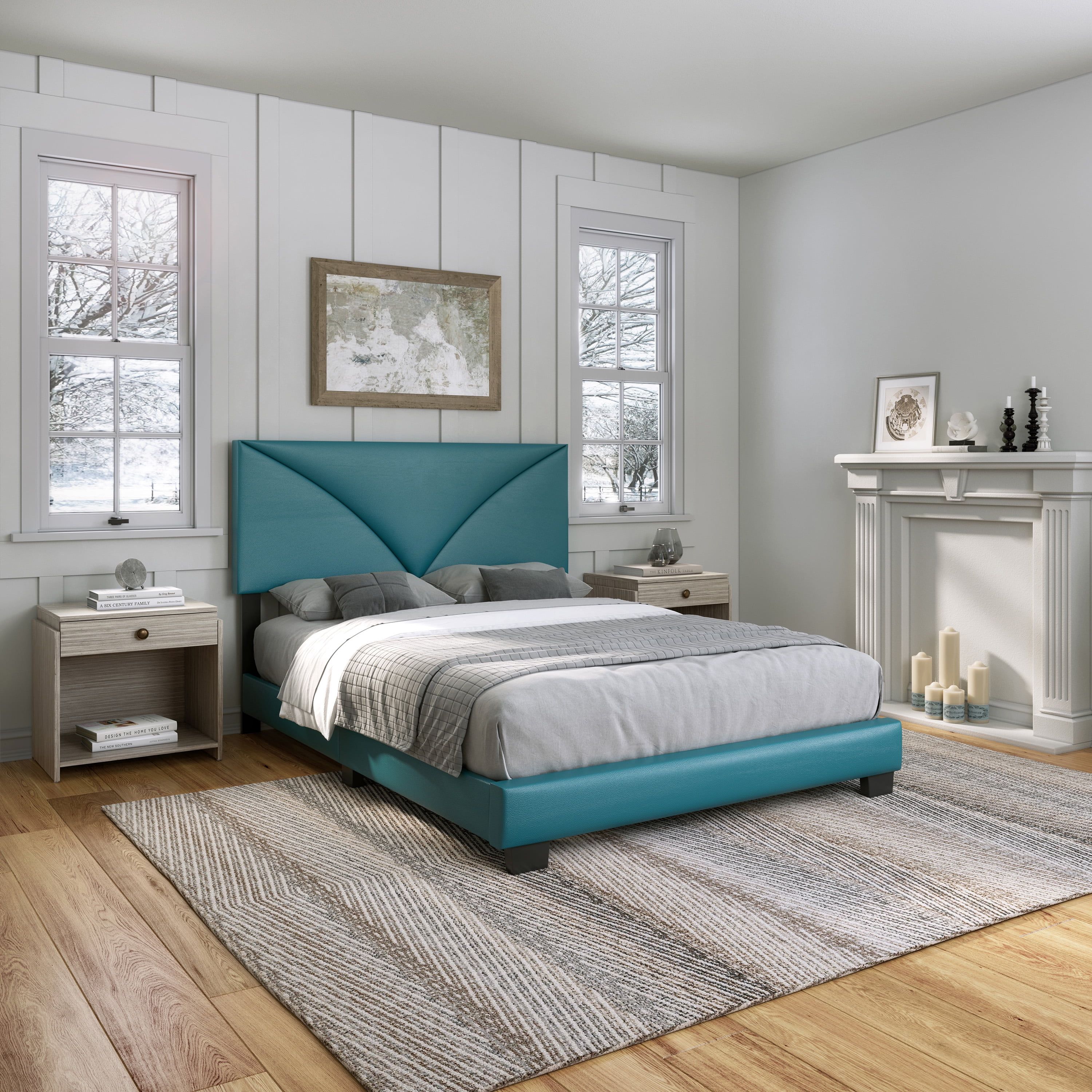 Teal Faux Leather Full Bed with Upholstered Headboard and Wood Frame