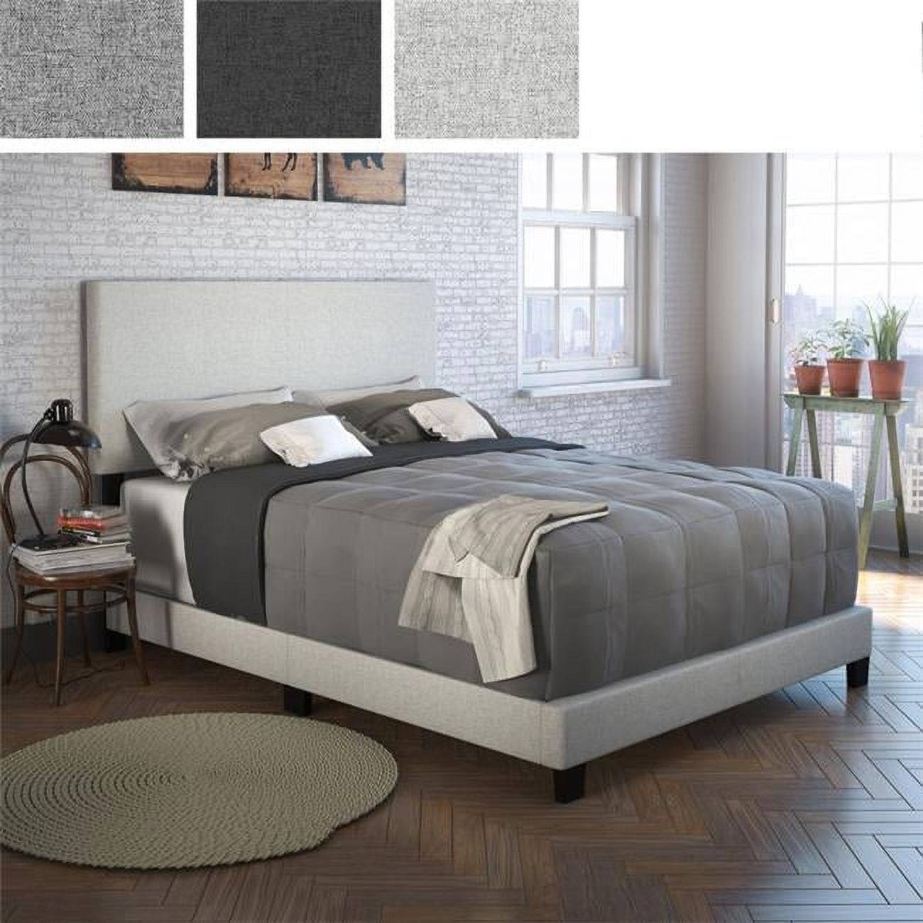 Full Gray Linen Upholstered Platform Bed with Headboard