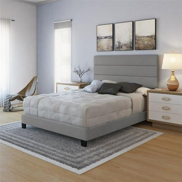 Gray Faux Leather Upholstered King Platform Bed with Tri-Panel Headboard
