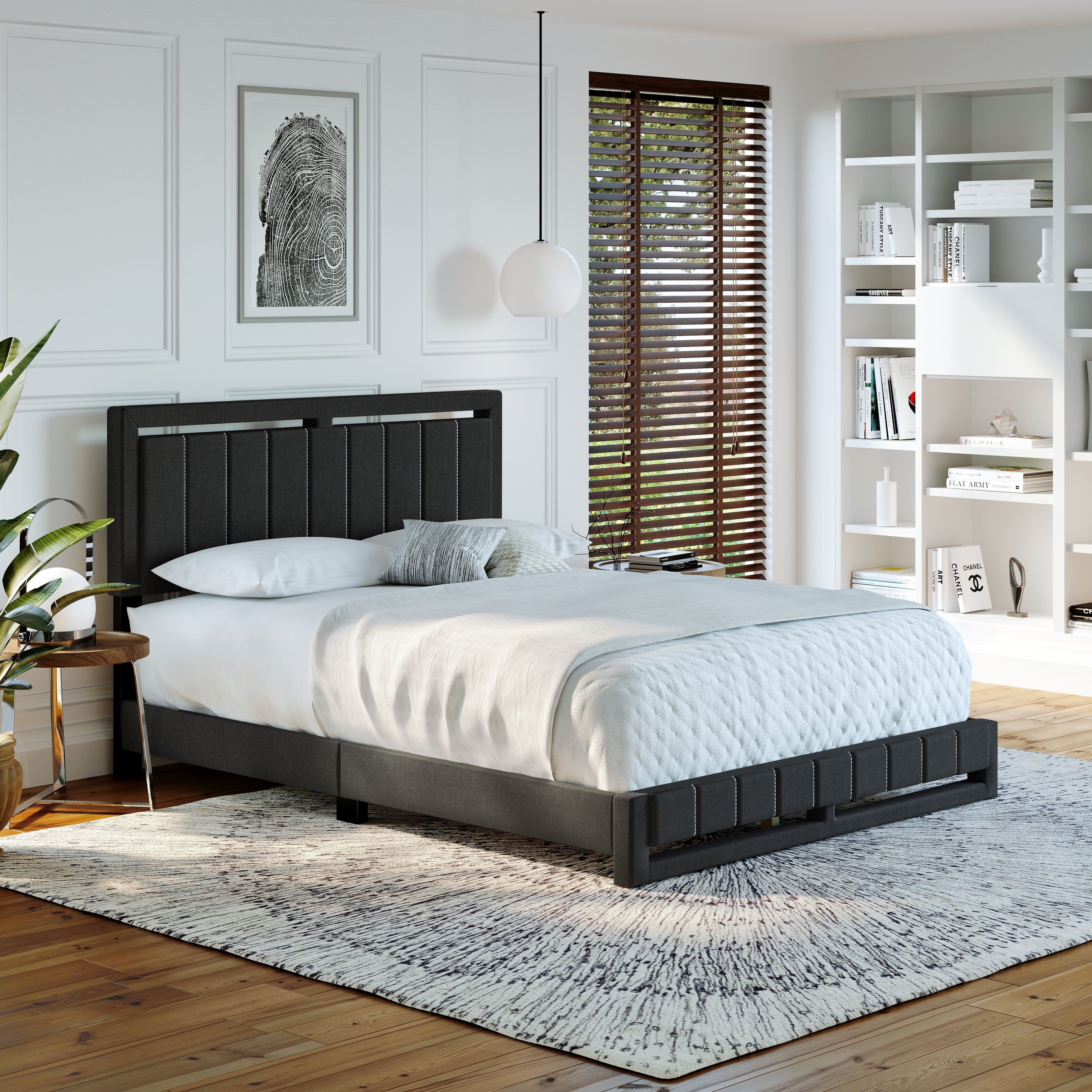 Elegant Charcoal Linen Queen Platform Bed with Tufted Headboard