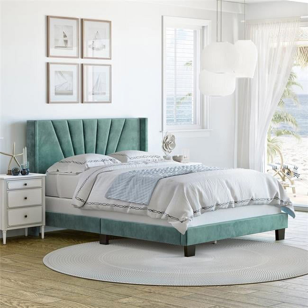 Sapphira Queen Aqua Velvet Upholstered Platform Bed with Tufted Headboard