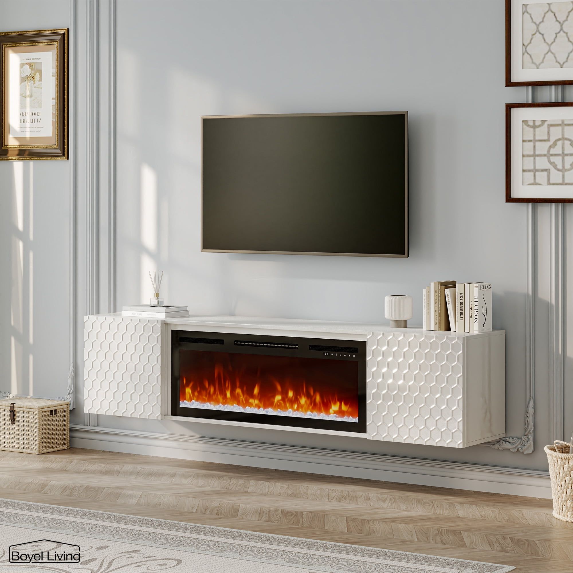 White Wall Mounted TV Stand with Electric Fireplace and Storage