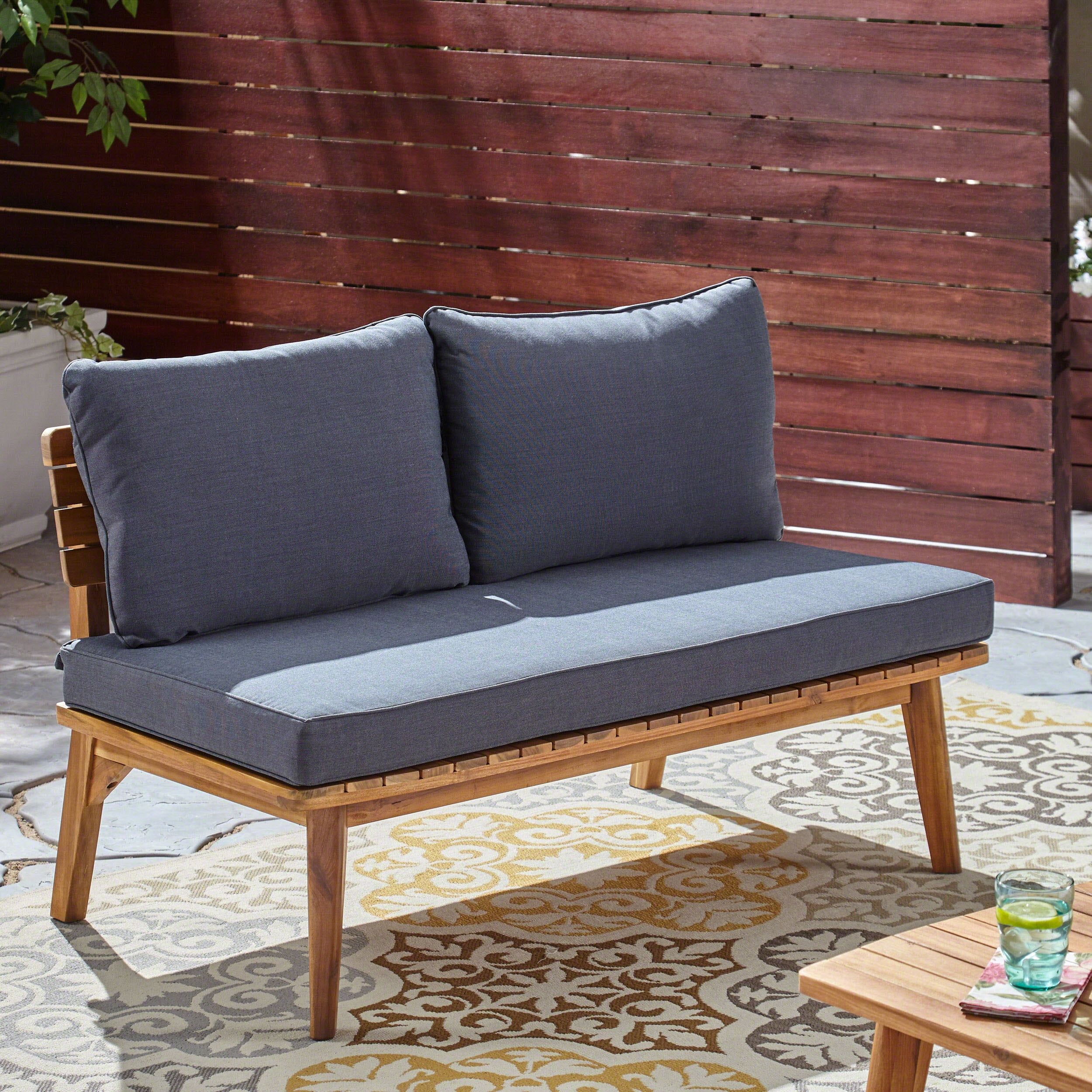 Teak and Gray Acacia Wood Outdoor Loveseat with Cushions