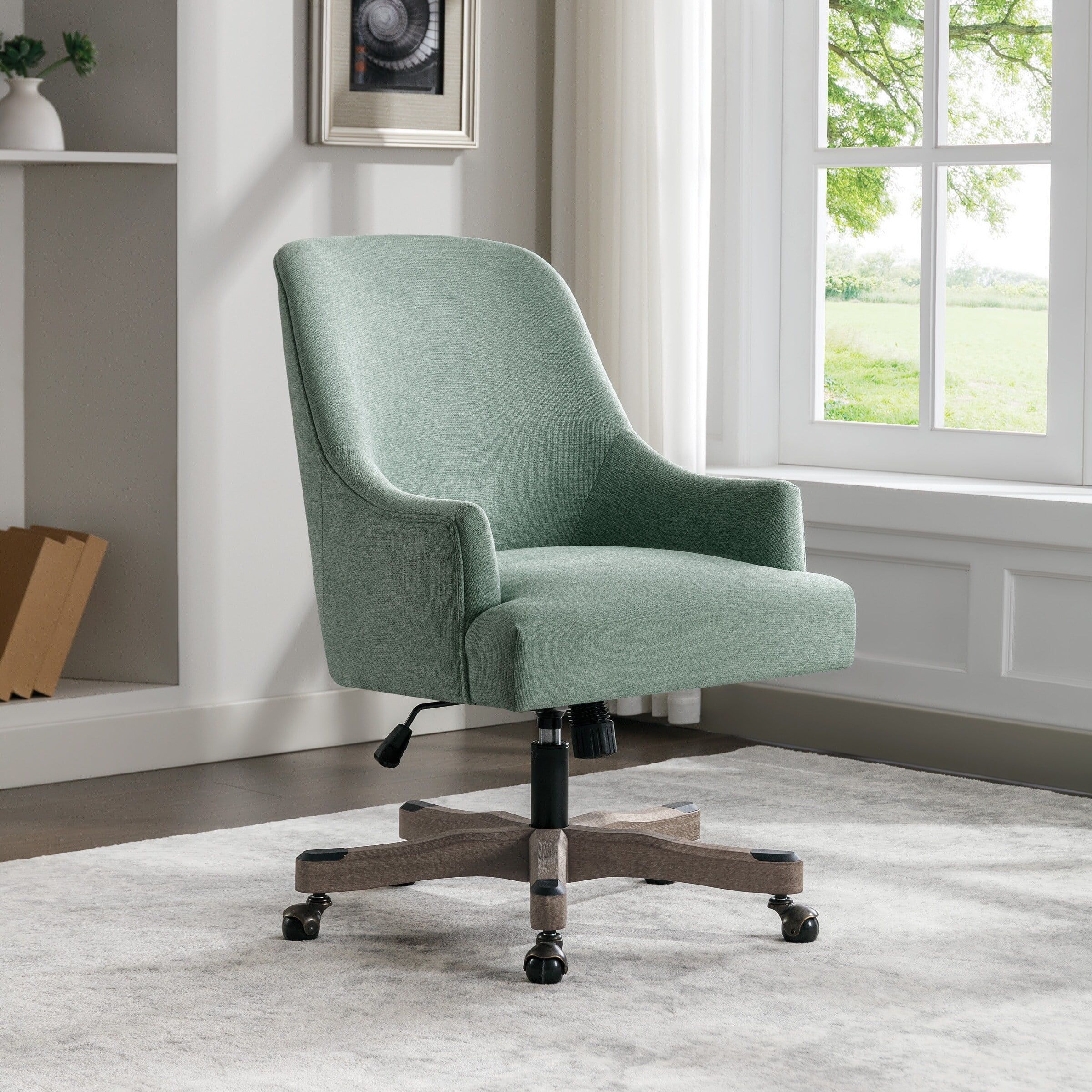 Mint Fabric High Back Swivel Office Chair with Wood Base