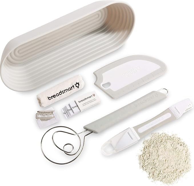 Breadsmart Artisan Bread Making Kit - 5 PC Baking Supplies Set - Lame, Scraper, Whisk, Proofing Basket & Cotton Liner - Gray