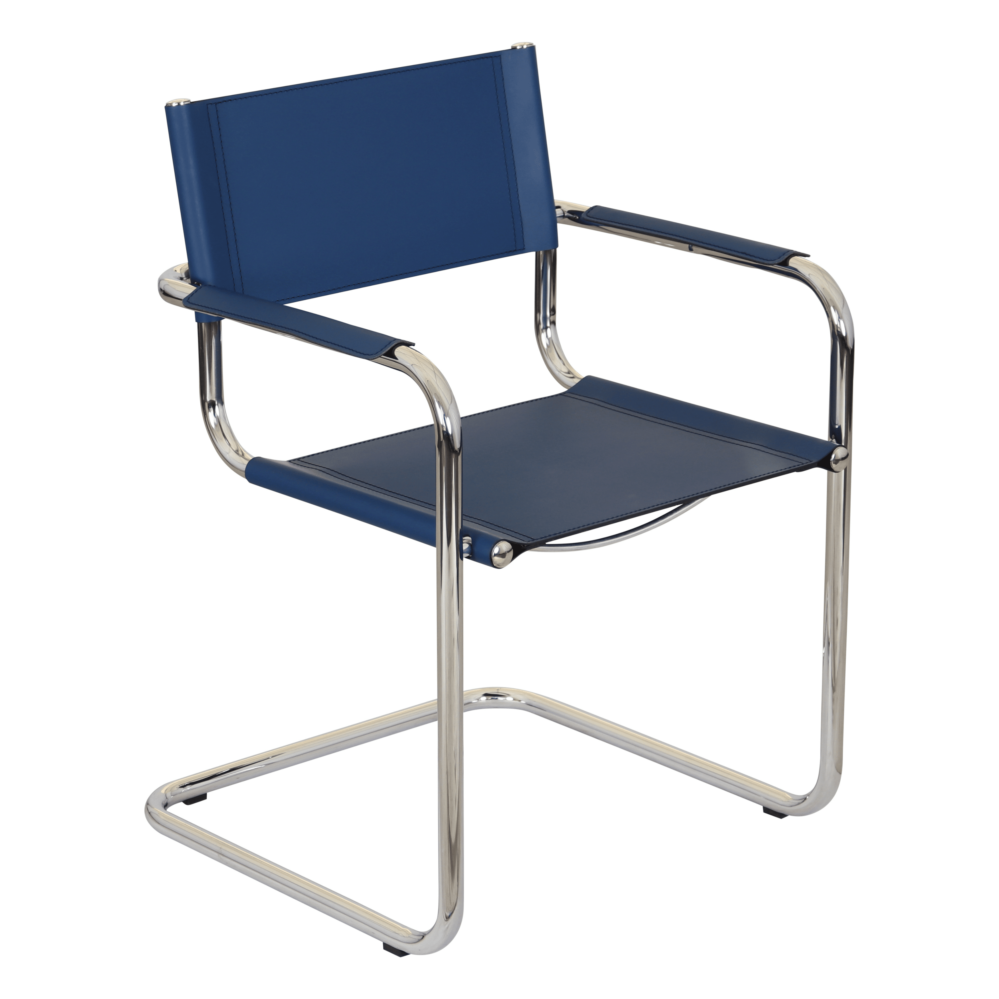 Blue Leather and Chrome Metal Cantilever Accent Chair