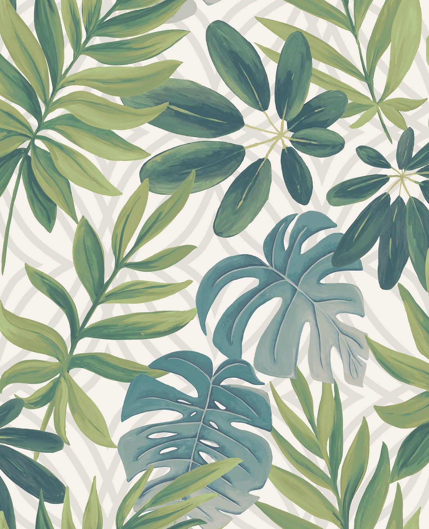 Tropical Green and White Vinyl Leaf Wallpaper