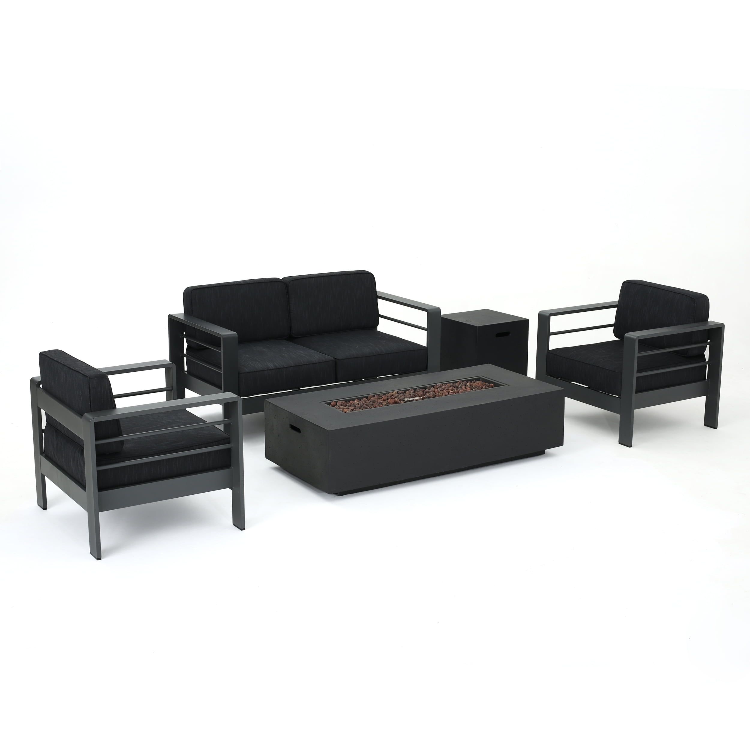 Gray Aluminum 5-Piece Outdoor Firepit Sofa Set with Dark Grey Cushions