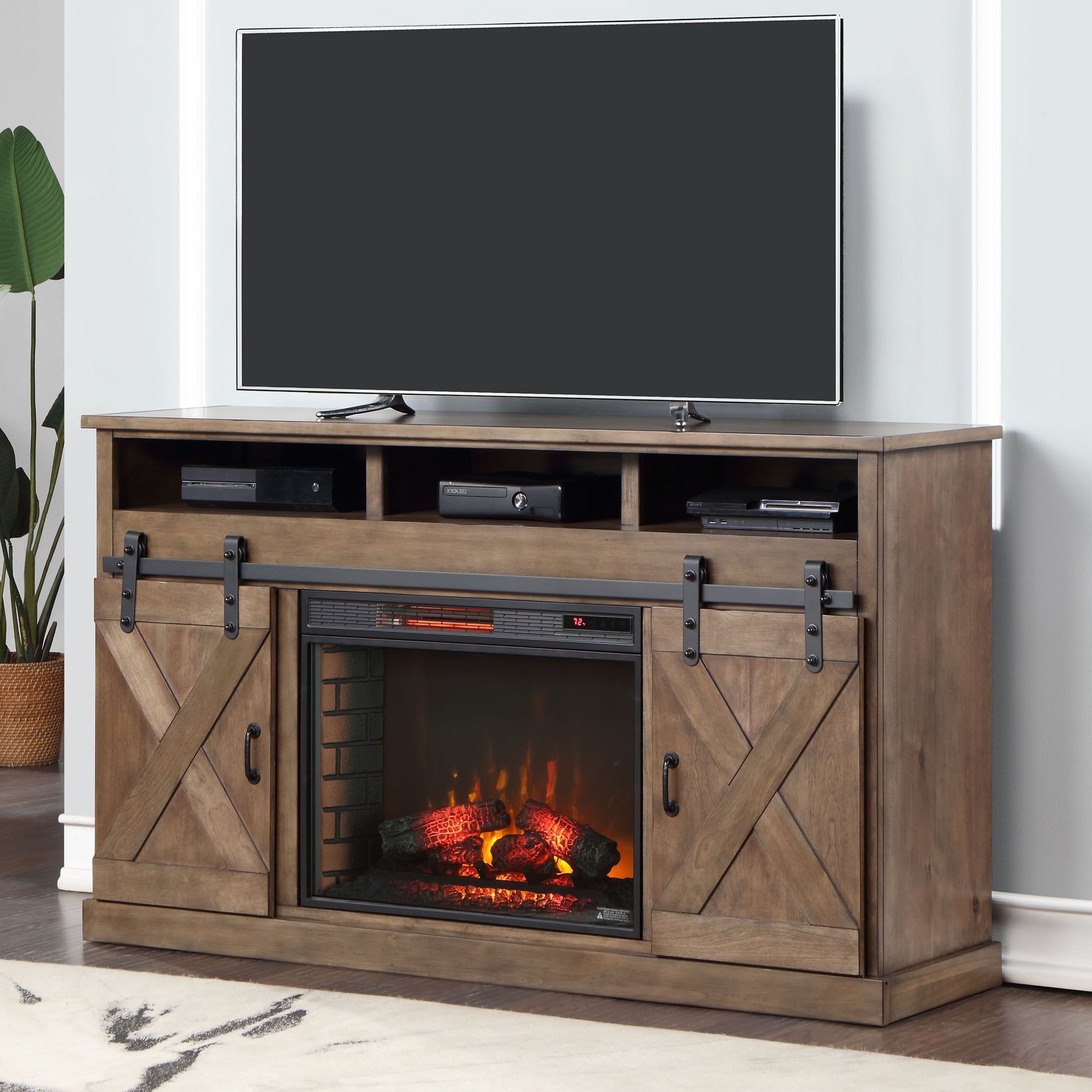 Barn Wood 66" Rustic Farmhouse Fireplace TV Stand