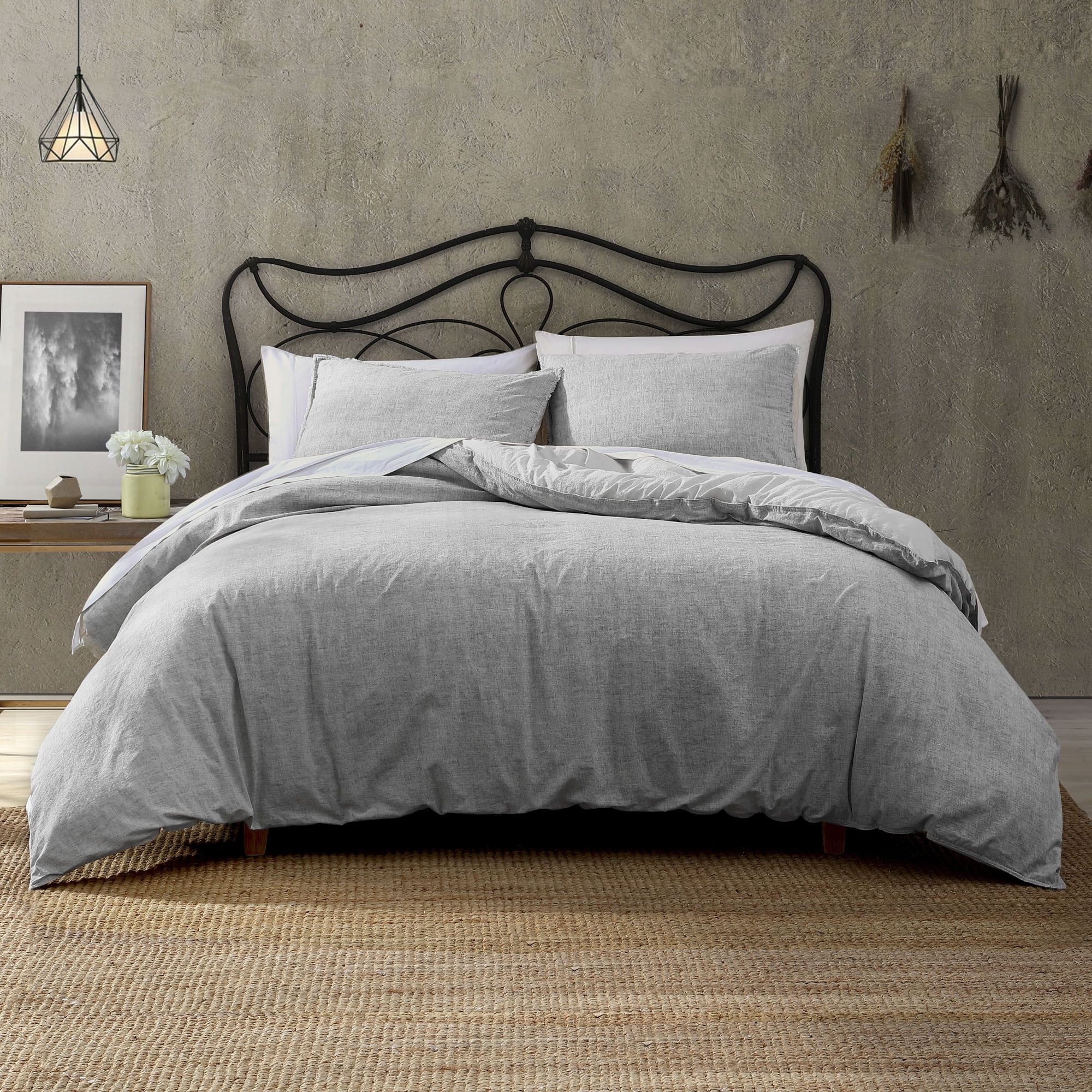 Twin Gray Cotton Reversible Comforter Set with Frayed Edge Fringe