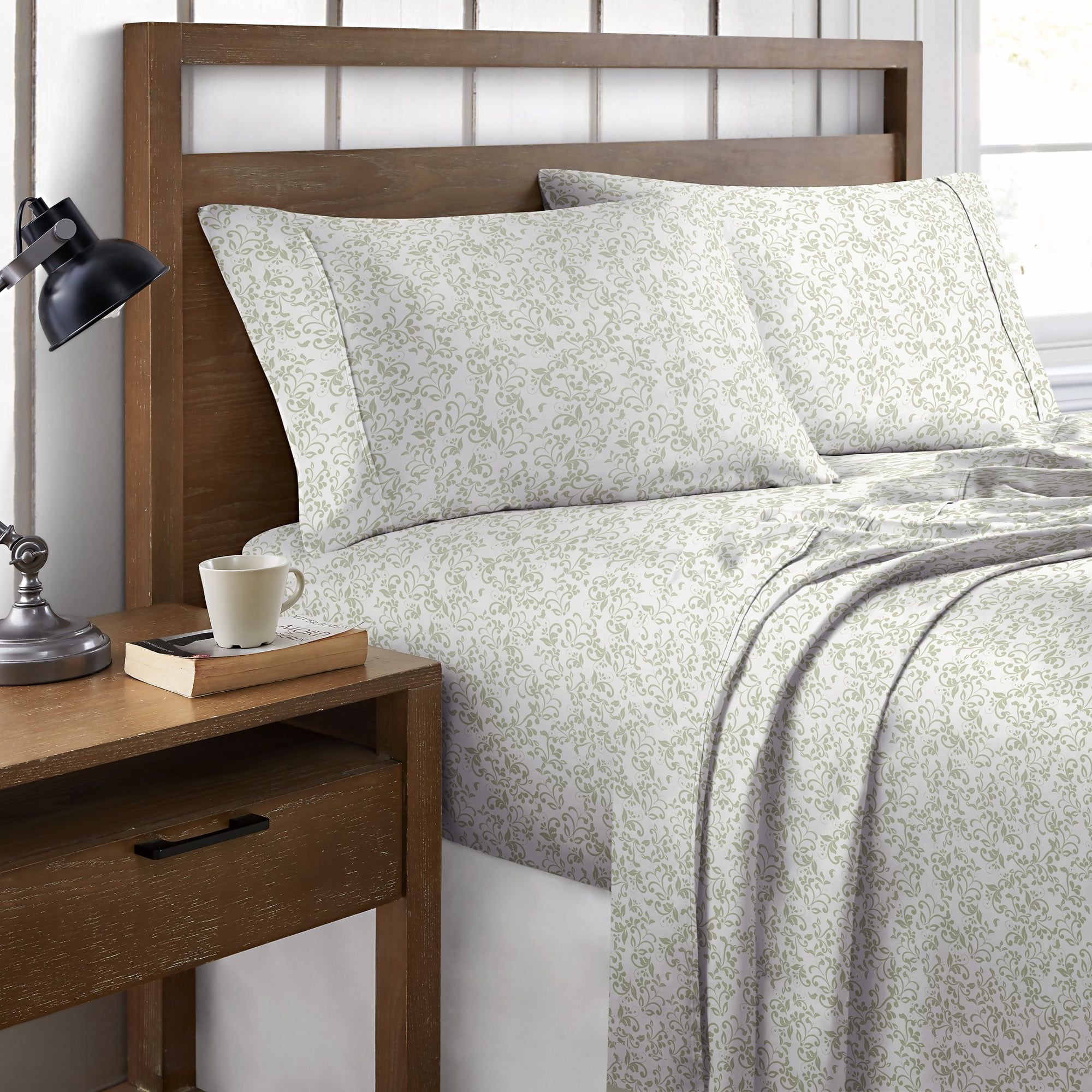 Queen Green Vines Cotton Percale Sheet Set