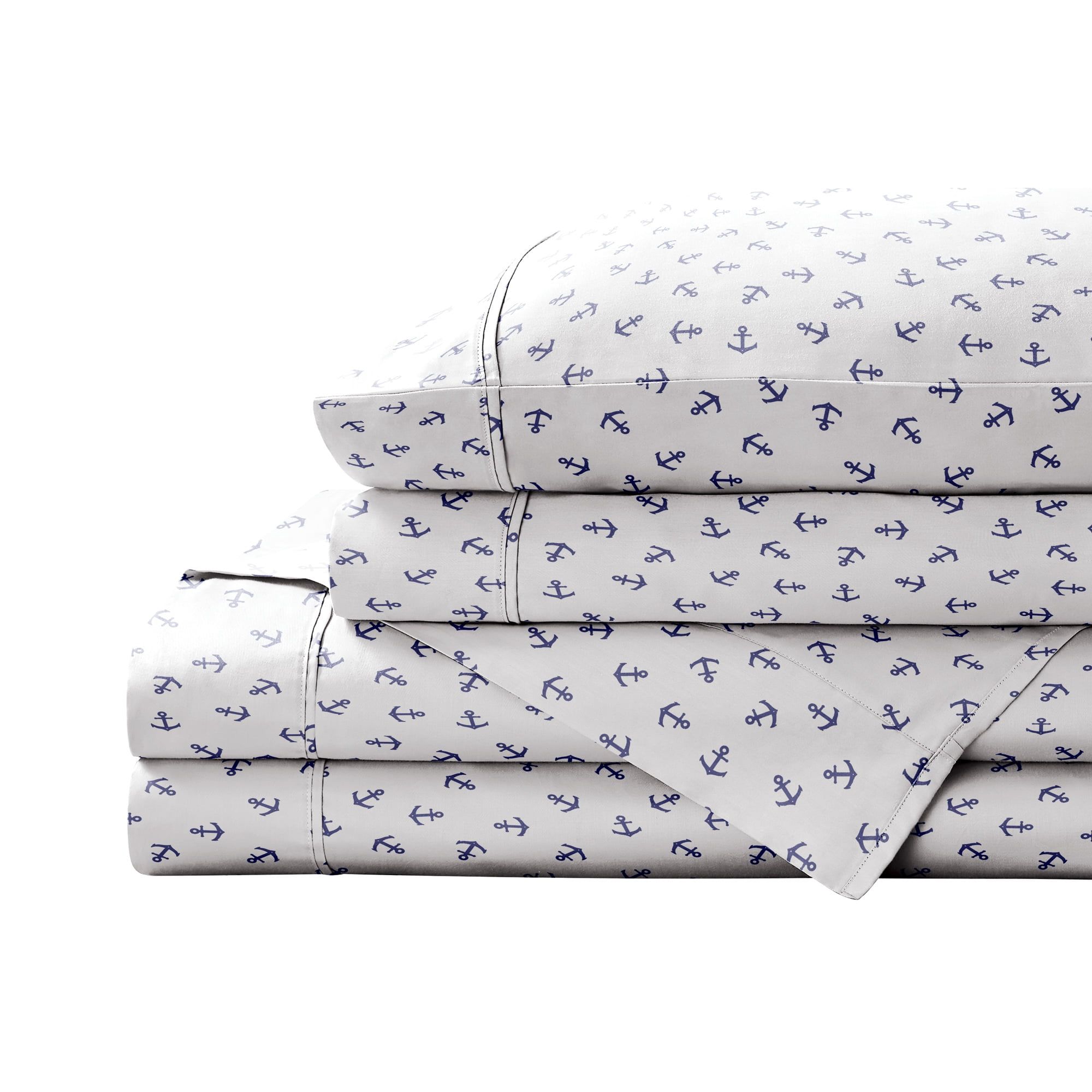 Navy Anchors King Cotton Percale Sheet Set