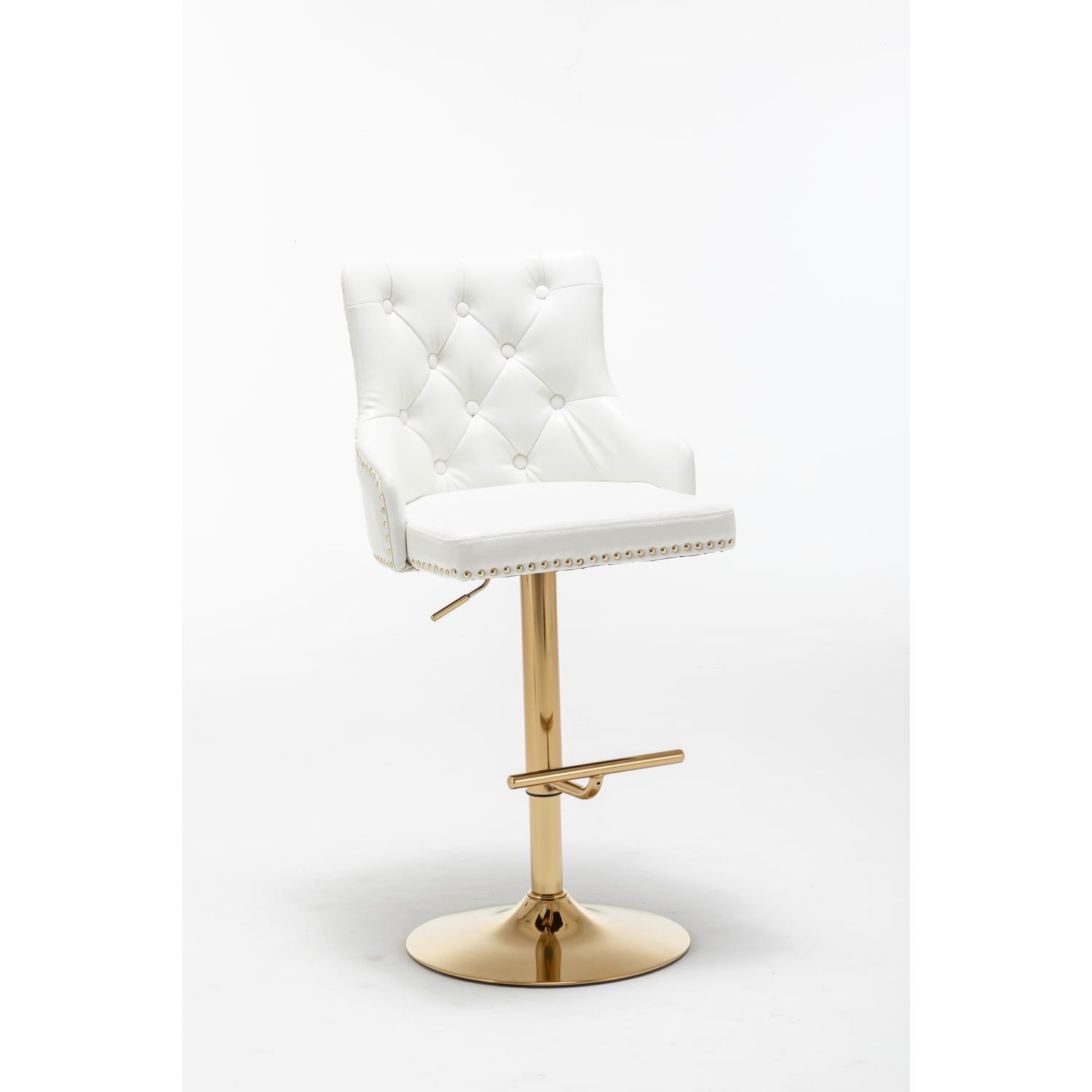 White Tufted Leather Adjustable Swivel Bar Stool with Gold Base