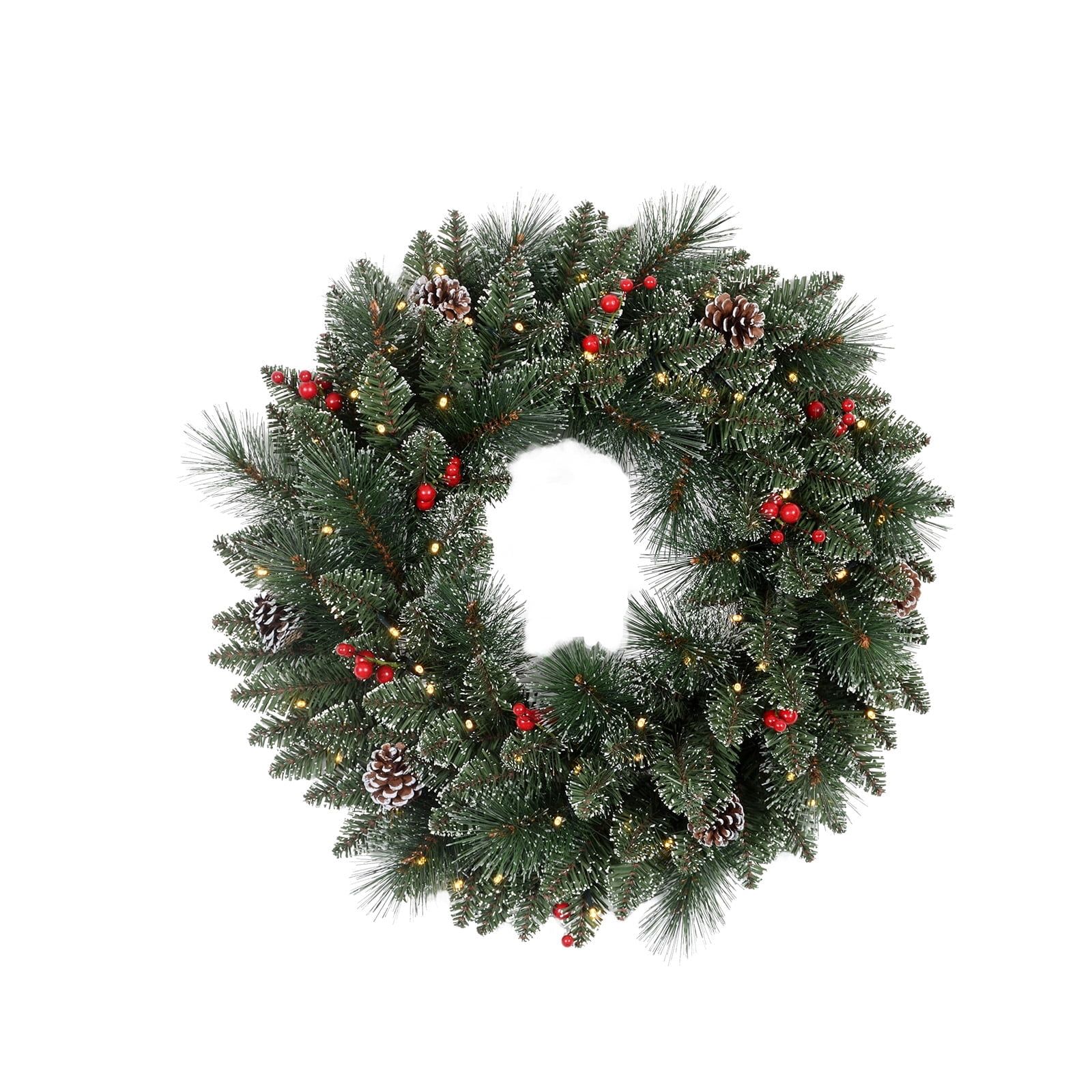 24-Inch Pre-Lit Green Artificial Christmas Wreath with Pine Cones and Red Berries