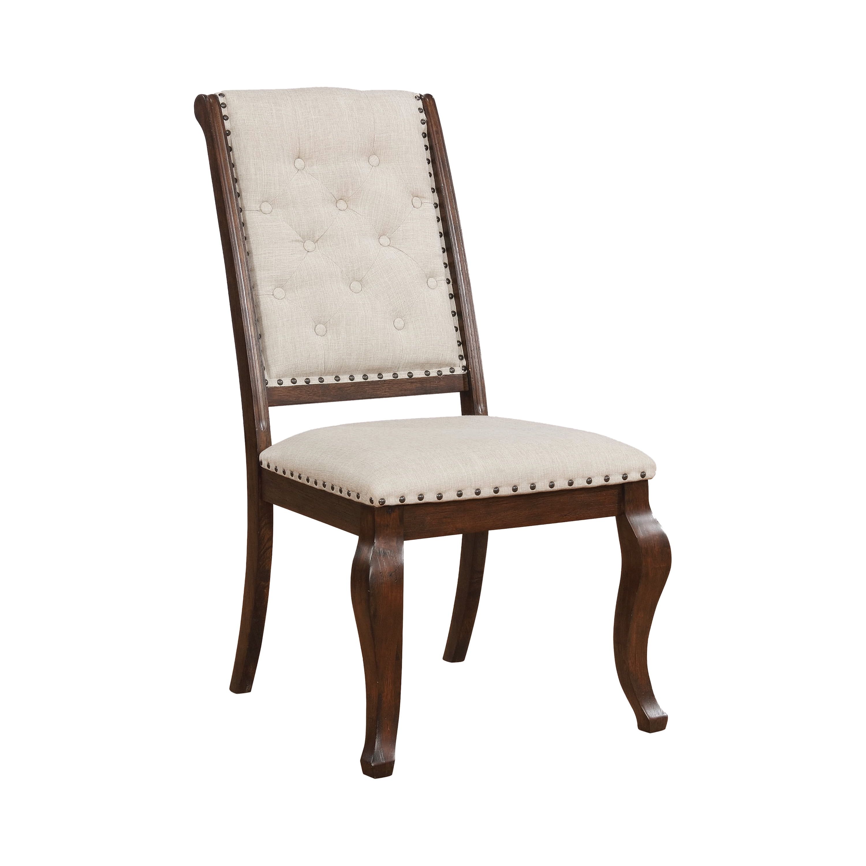 Cream Upholstered Tufted Side Chair with Dark Brown Wood Frame