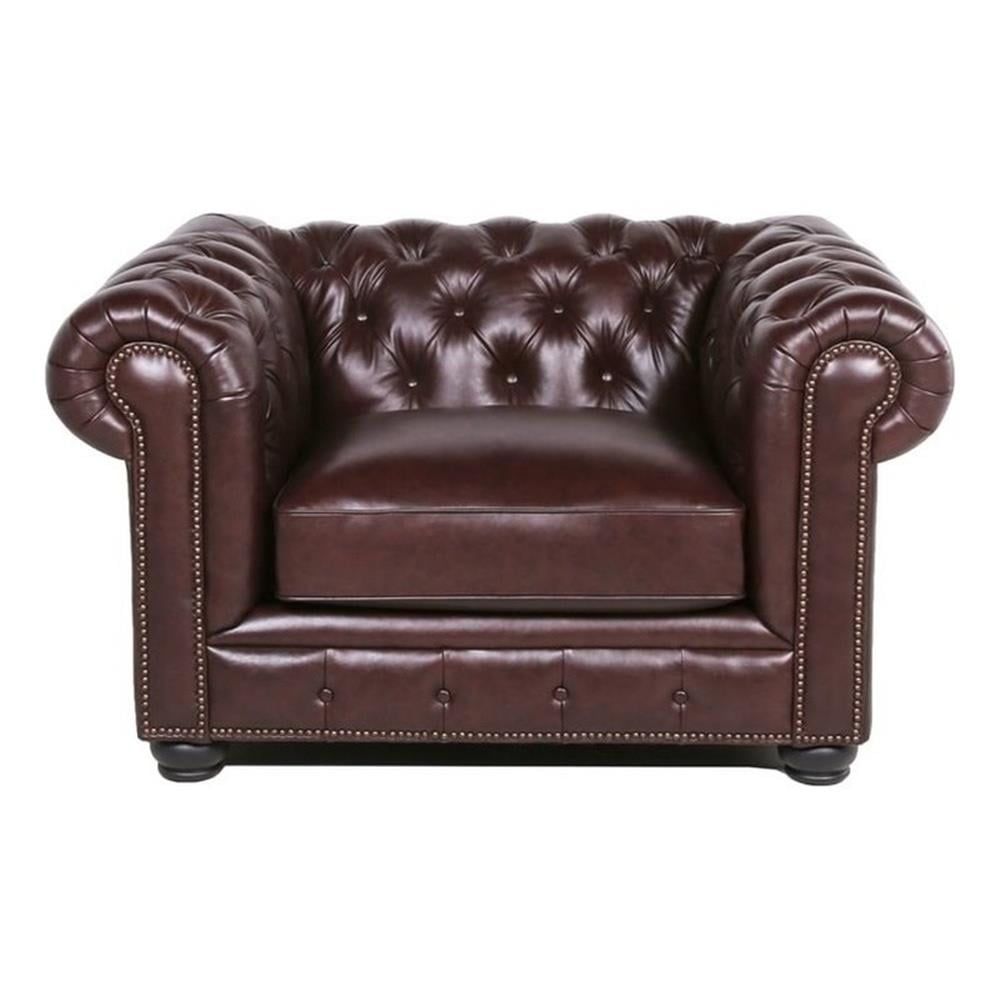 Chocolate Leather Chesterfield Accent Chair with Nailhead Trim