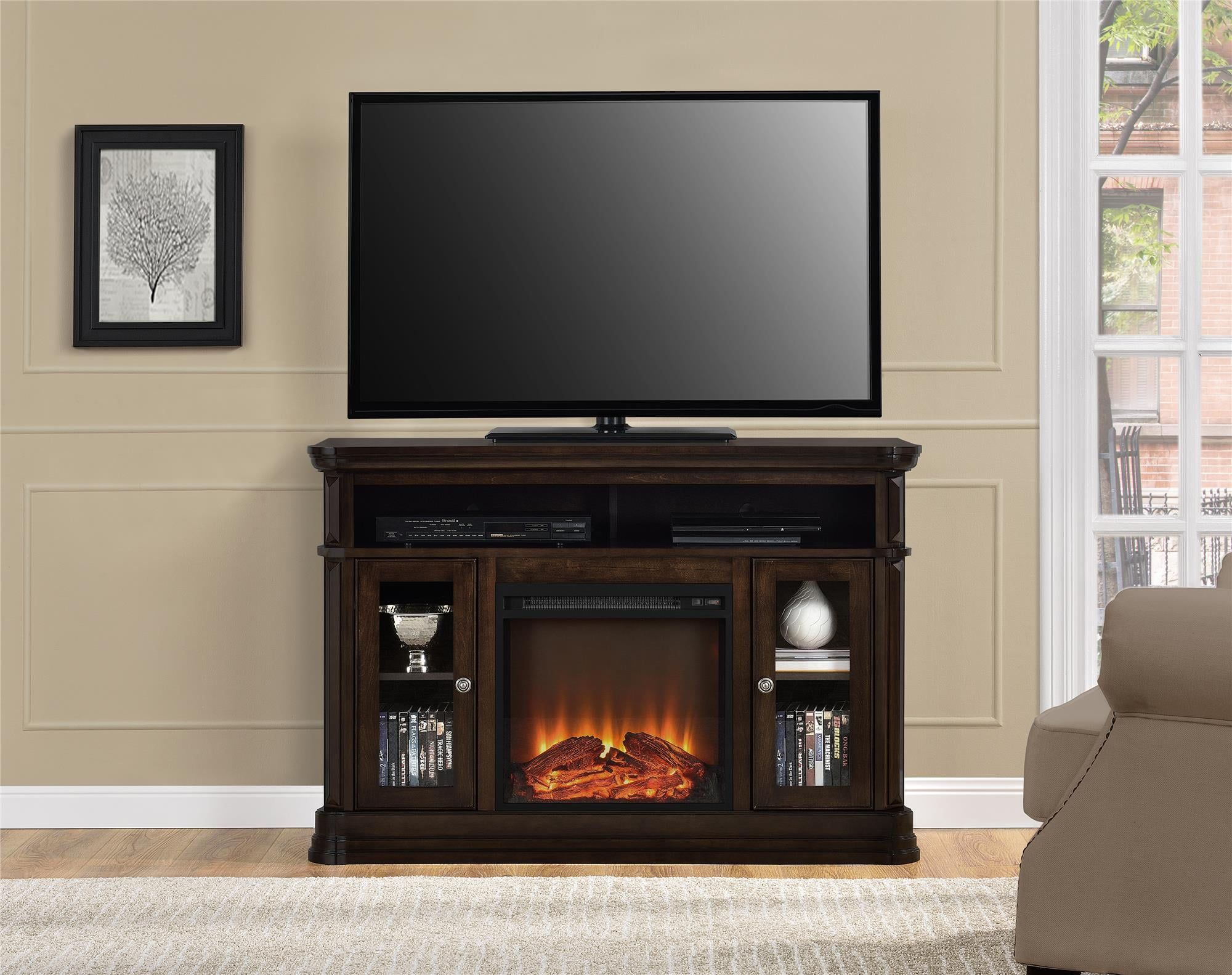 Espresso Transitional Electric Fireplace TV Console with Cabinet