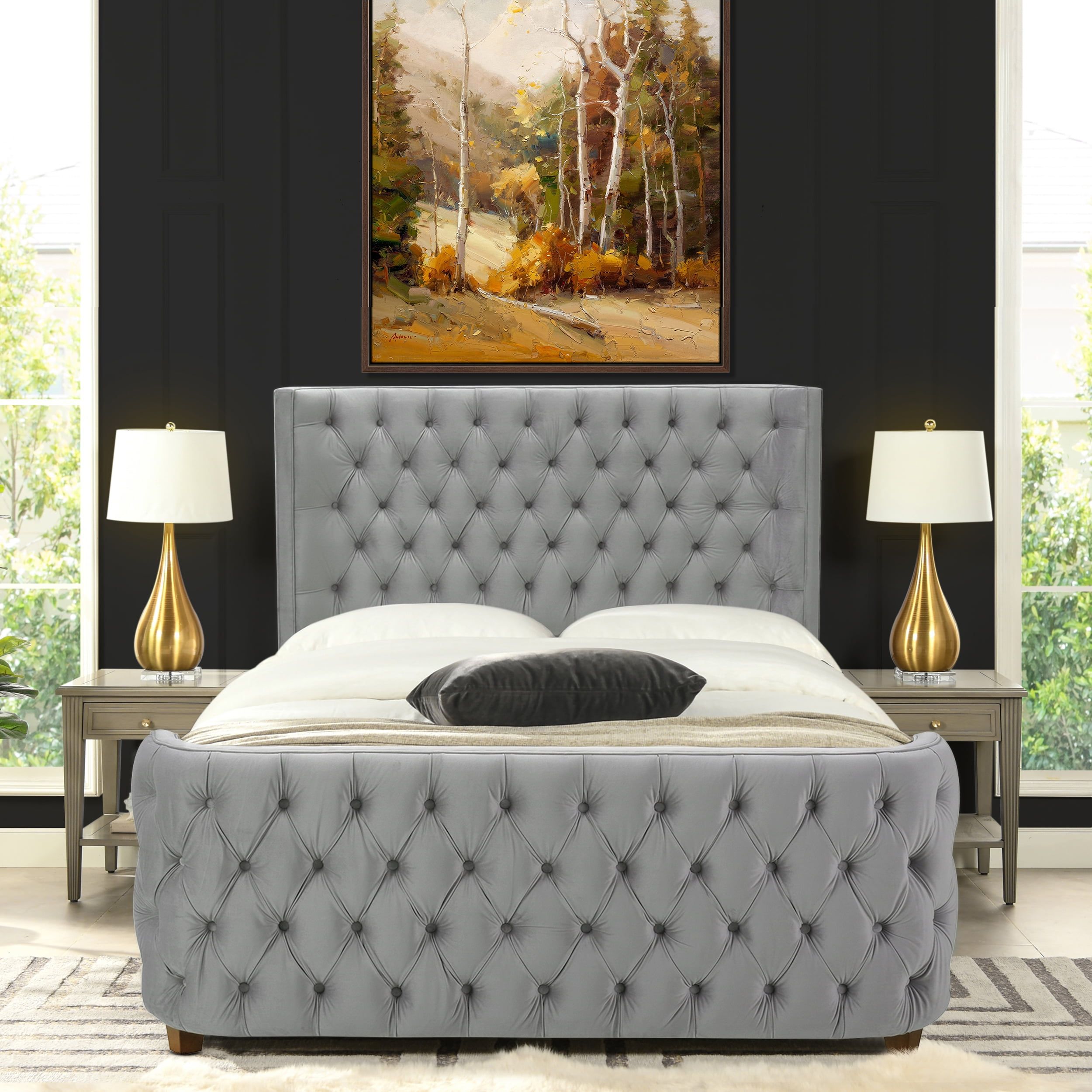 Brooklyn Queen Opal Grey Tufted Velvet Bed with Wingback