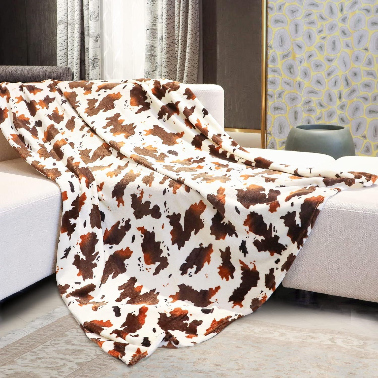 Twin Brown Cow Print Fleece Blanket for Pets and Girls