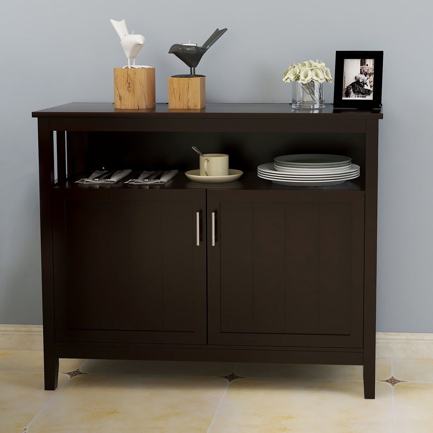 Brown Wood Hinged Door Sideboard with Shelves