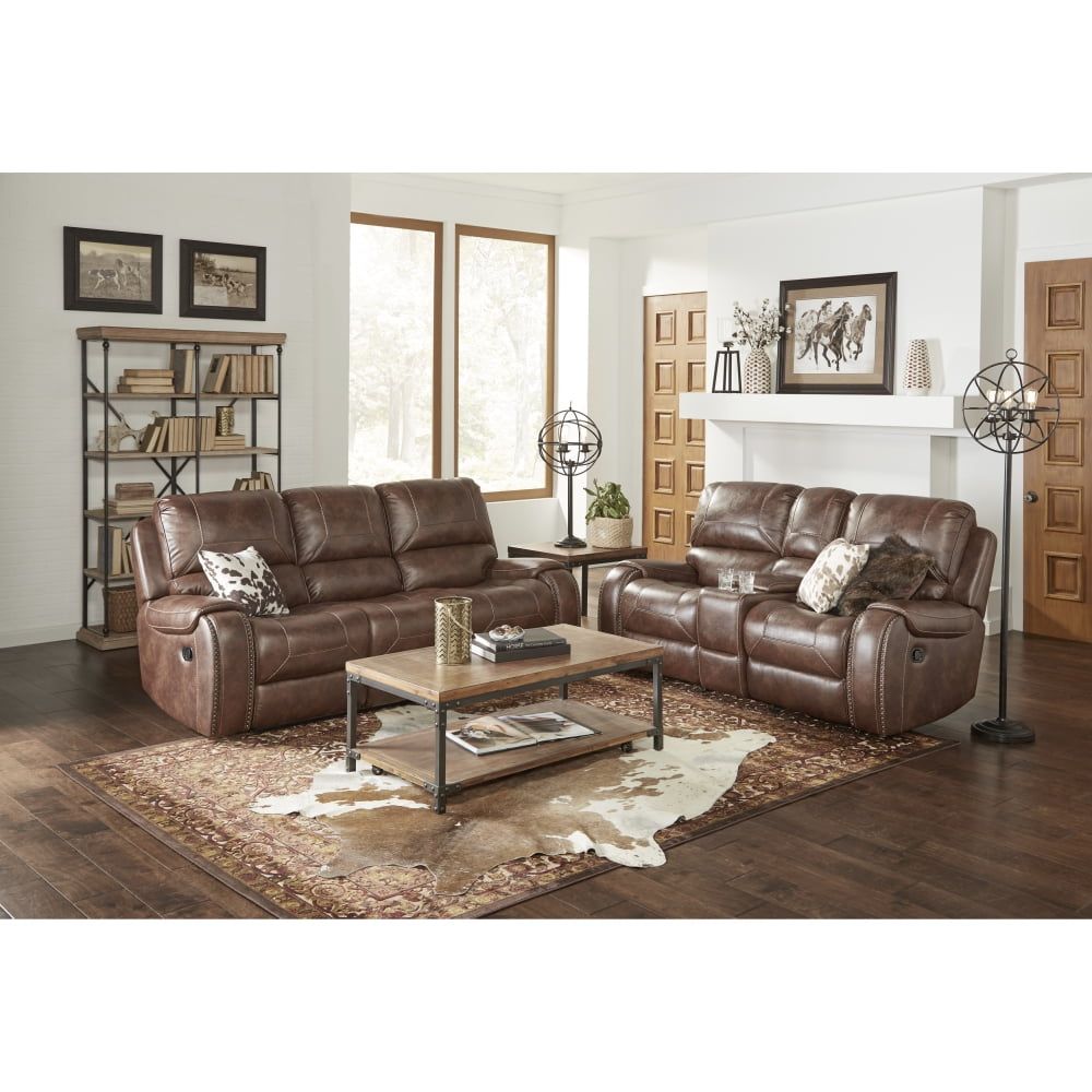 Brown Faux Leather Reclining Sofa and Loveseat Set with Storage and Cup Holders