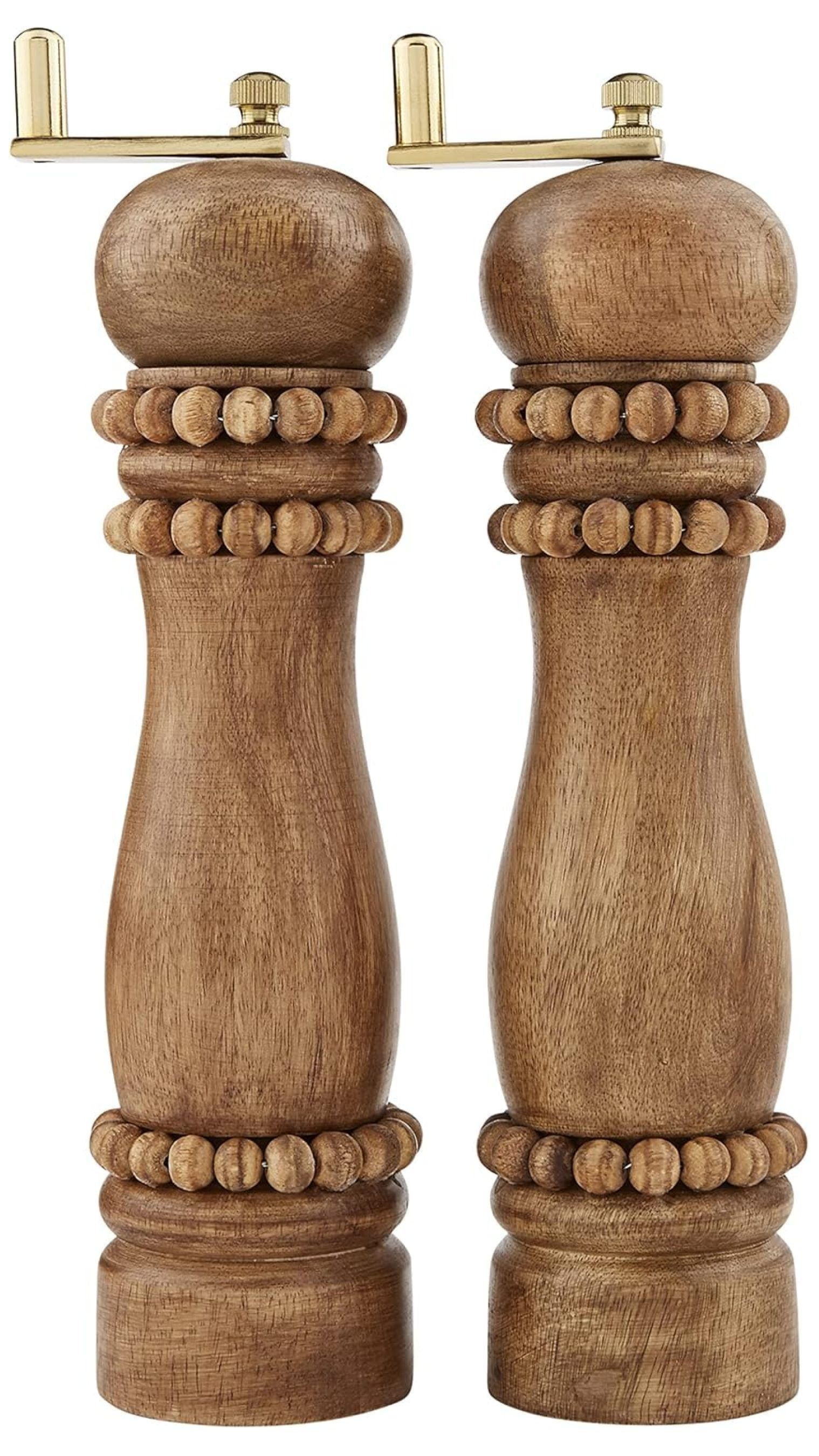 Beaded Mango Wood Salt & Pepper Grinder Set with Brass Hardware, 9.25"