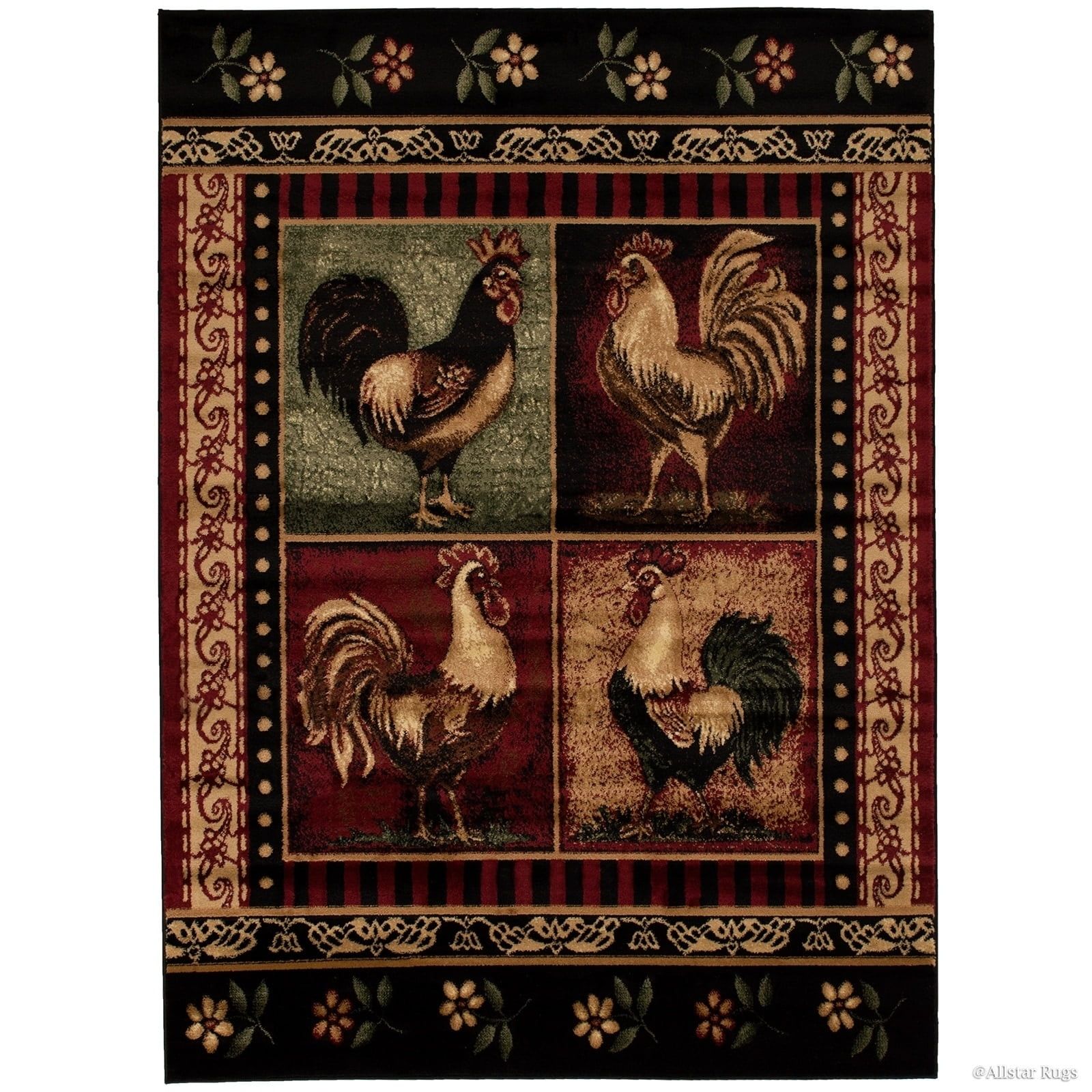 Red and Black Rectangular Rooster Theme Synthetic Rug 8' x 10'