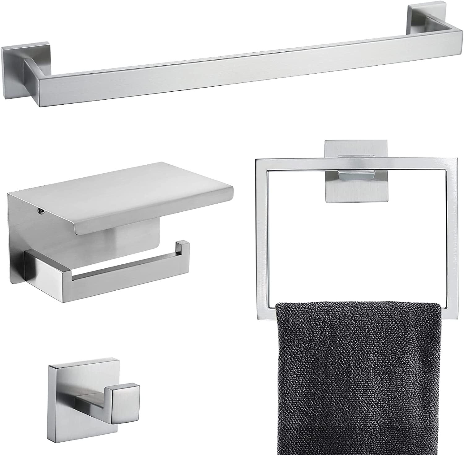 Brushed Nickel 4-Piece Stainless Steel Square Bathroom Hardware Set