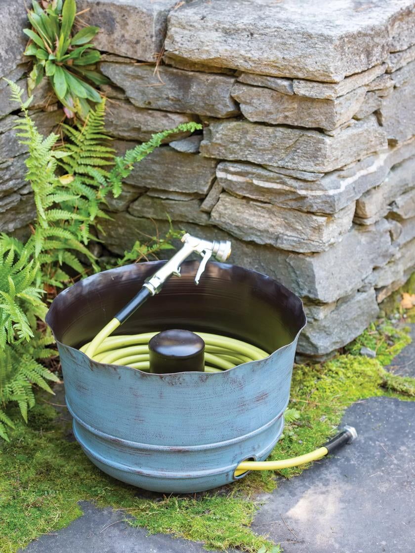 Brushed Blue and Bronze Metal Garden Hose Pot