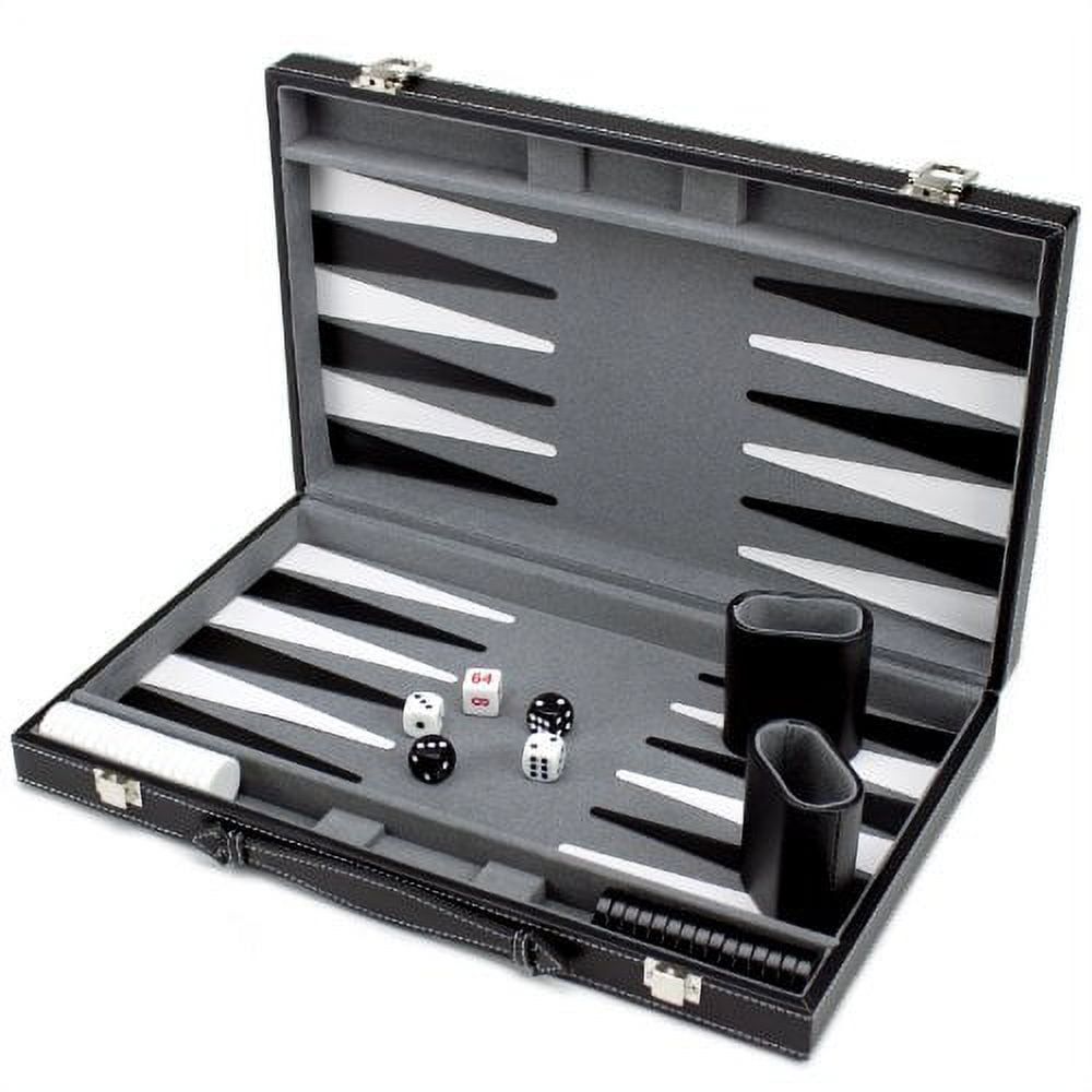 Deluxe 15-Inch Black Leatherette Backgammon Set with Dice Cups