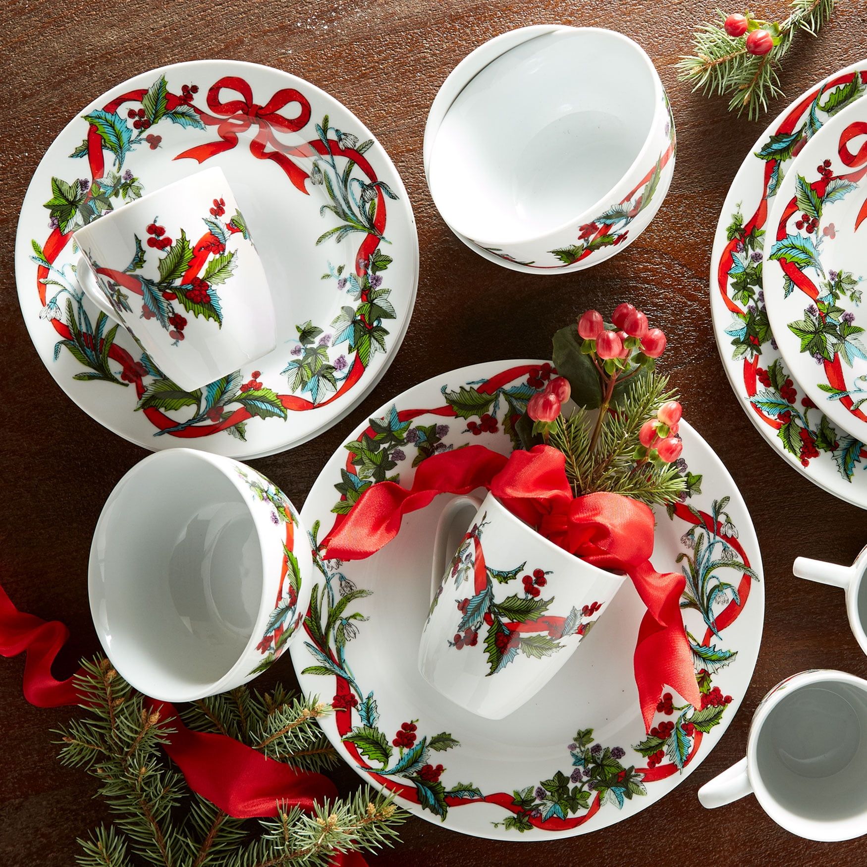 Festive White Ceramic Christmas Dinnerware Set, 16-Piece