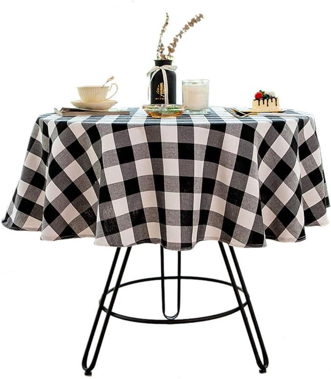 48-Inch Round Black and White Checkered Cotton Linen Tablecloth