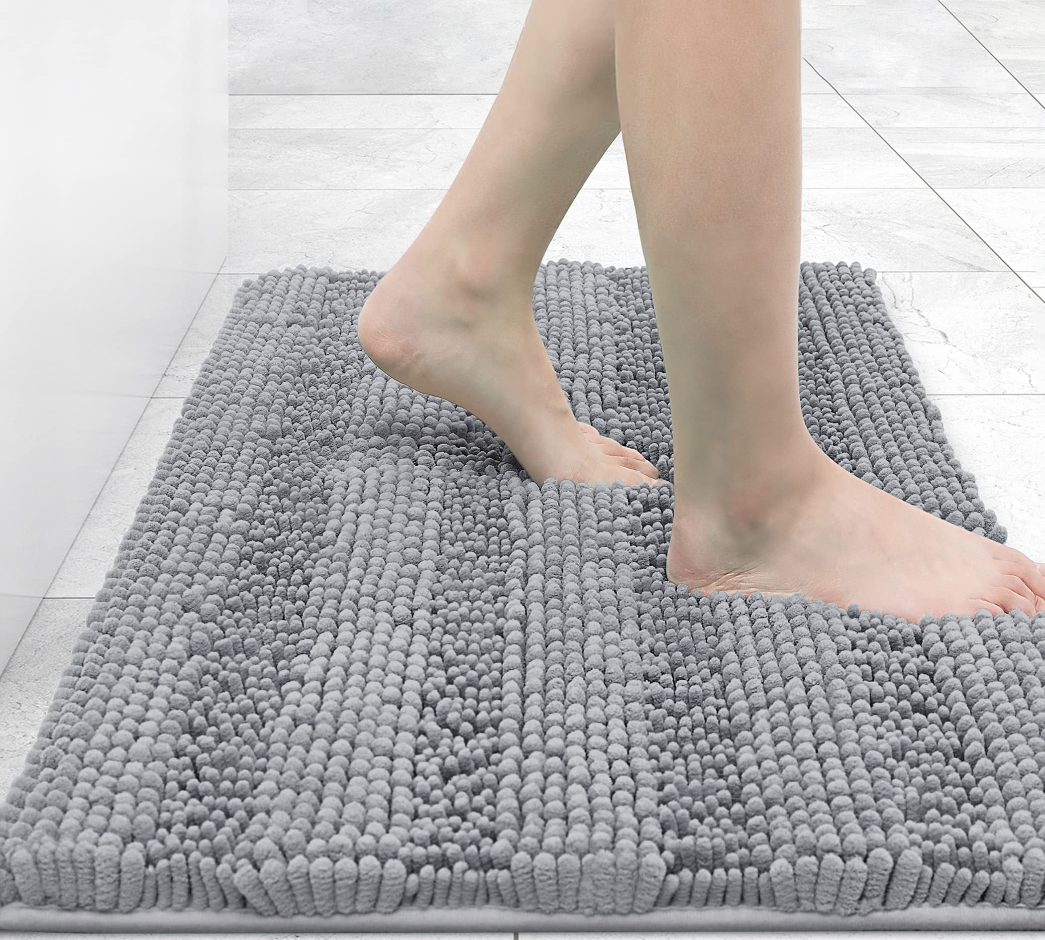 Light Gray Chenille Striped Anti-Slip Bath Rug 16x24