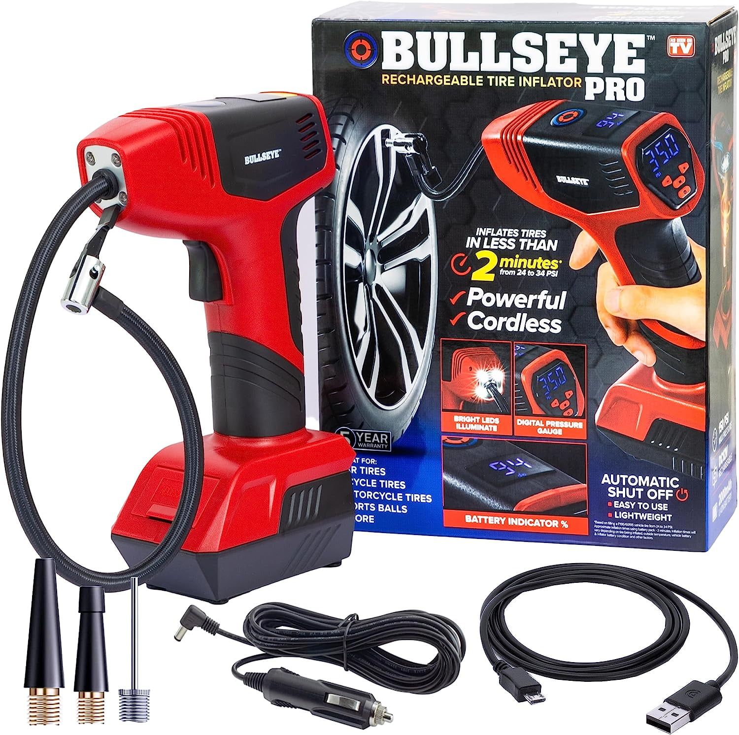 Bullseye Pro Red 12V Rechargeable Tire Inflator with LED Display