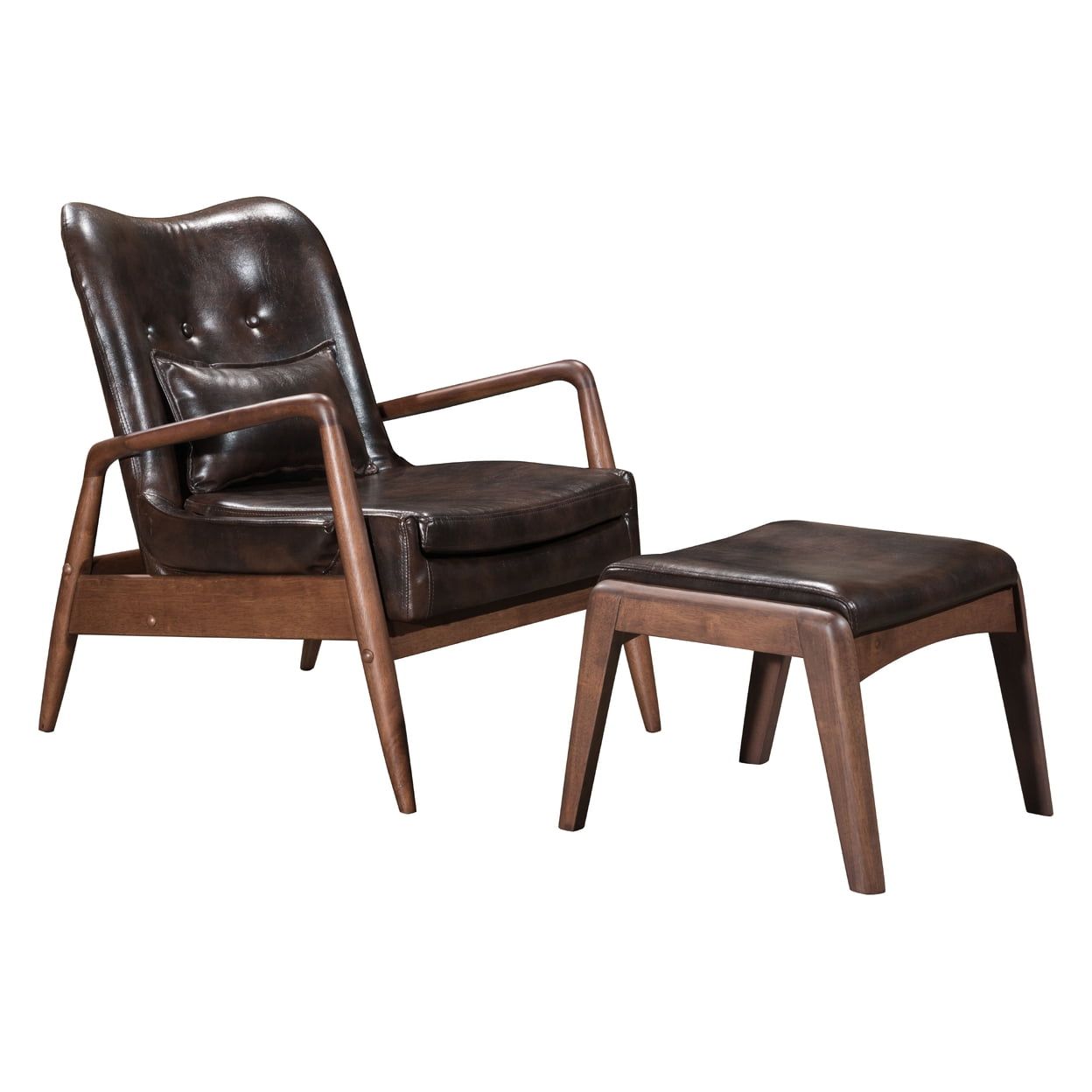 Brown Faux Leather Lounge Chair and Ottoman with Walnut Wood