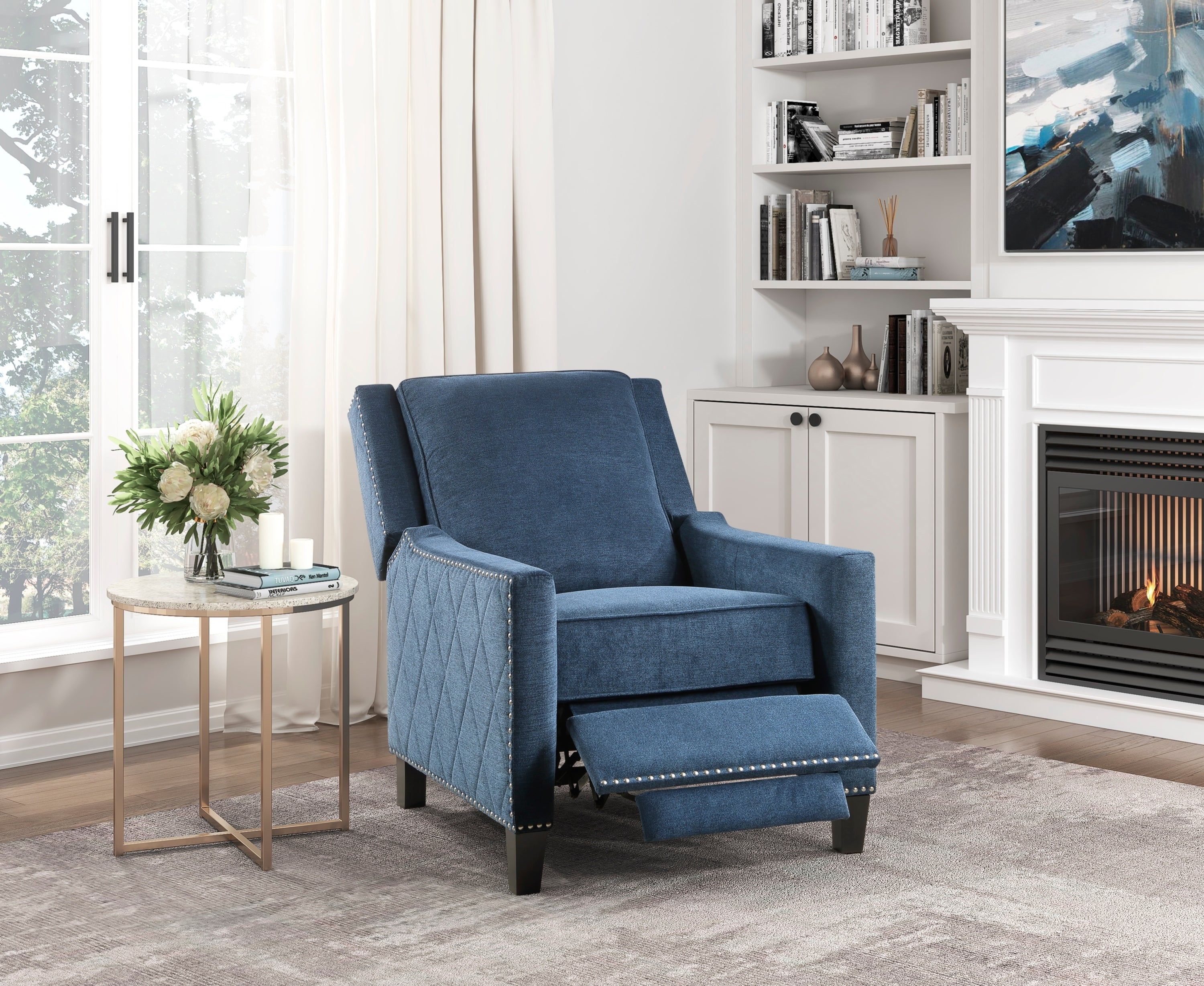 Blue Polyester Upholstered Recliner with Nailhead Trim