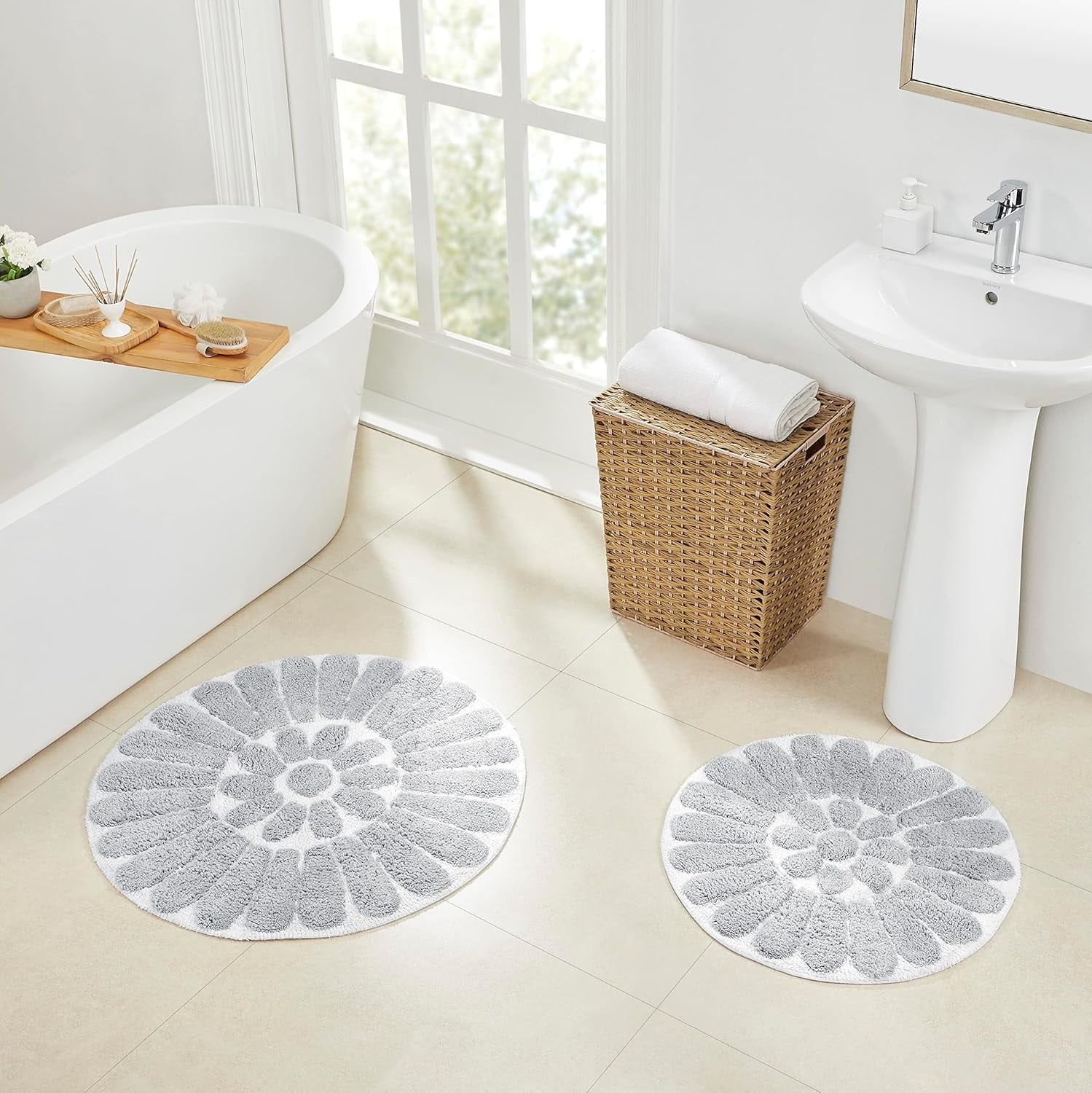 White and Light Gray Cotton Floral Round Bath Rug Set