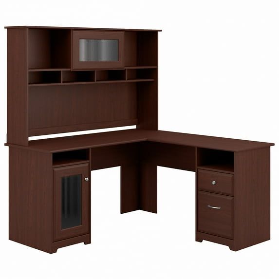 Harvest Cherry Wood L-Shaped Desk with Hutch and Storage