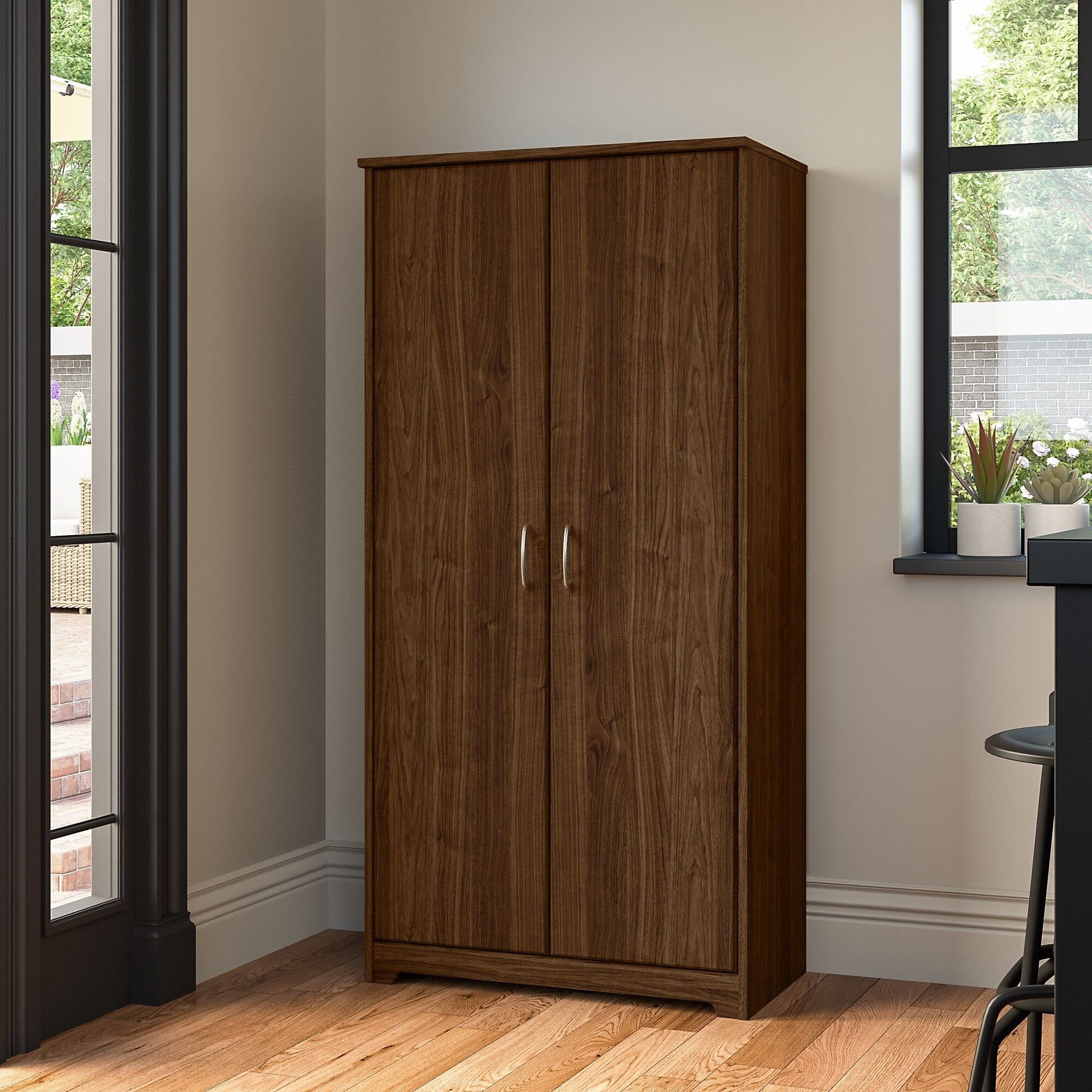 Modern Walnut Tall Kitchen Pantry Cabinet with Doors