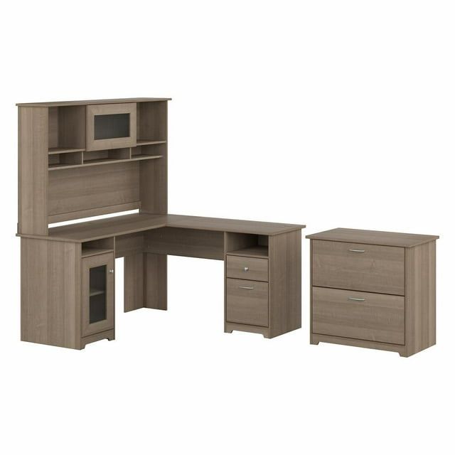 Ash Gray Engineered Wood L-Shaped Desk with Hutch and File Cabinet