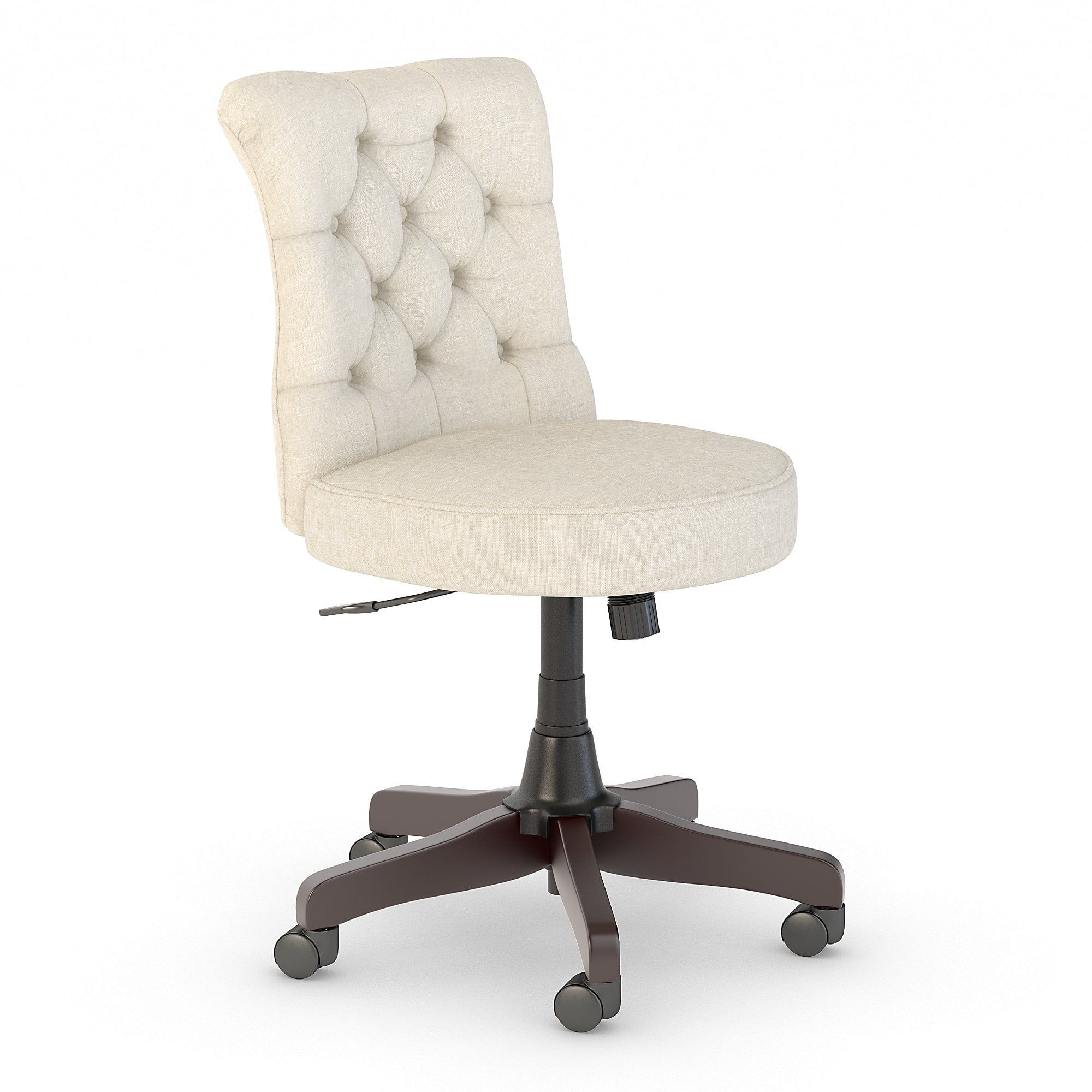 Cream Fabric Mid Back Tufted Swivel Office Chair with Espresso Wood Base