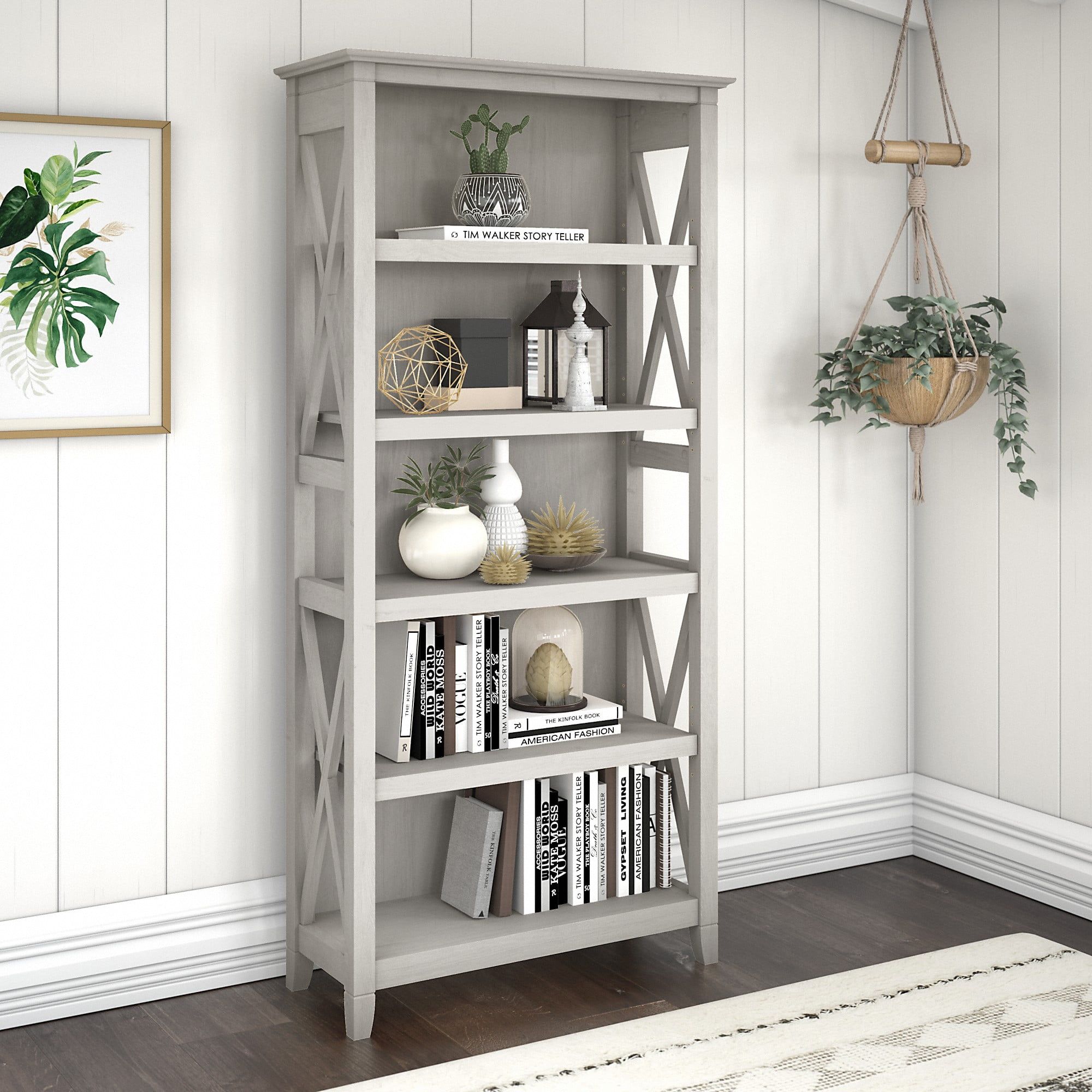 Linen White Oak Adjustable 5-Shelf Casual Bookcase