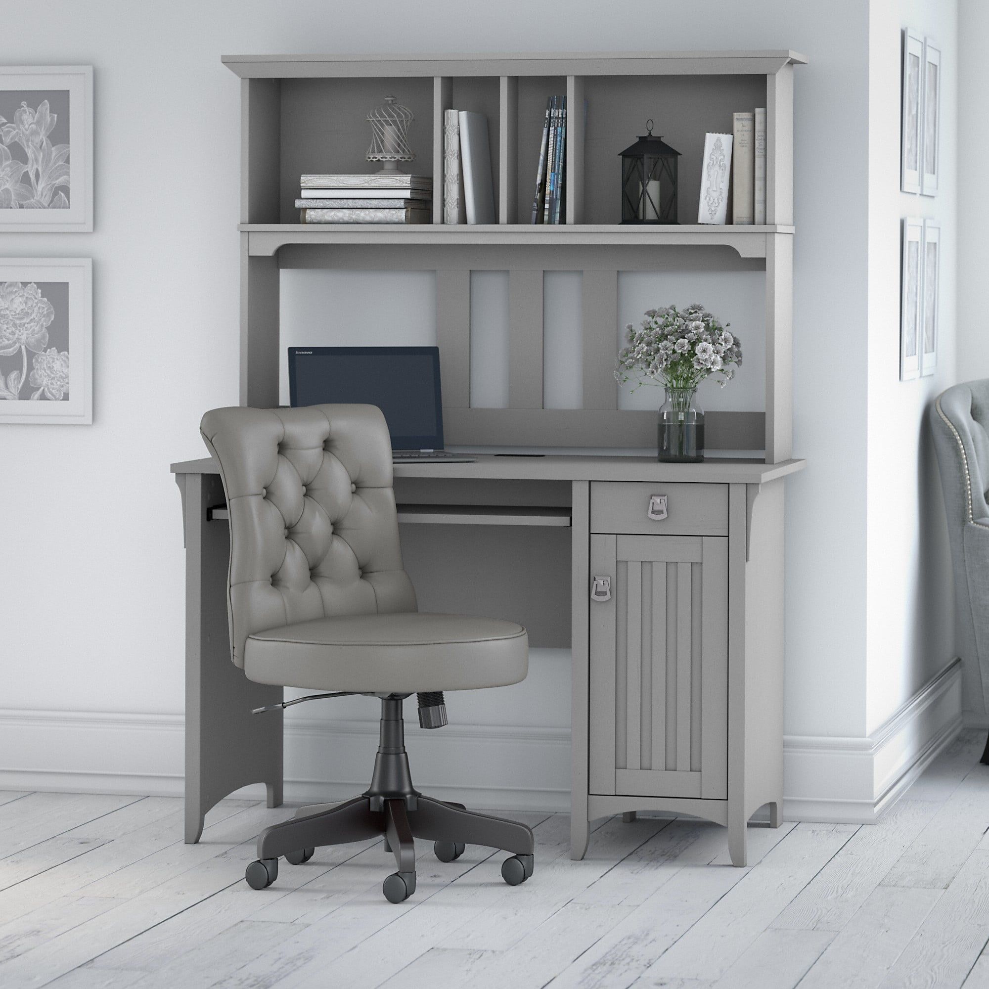 Cape Cod Gray Wood Computer Desk with Hutch and Tufted Chair