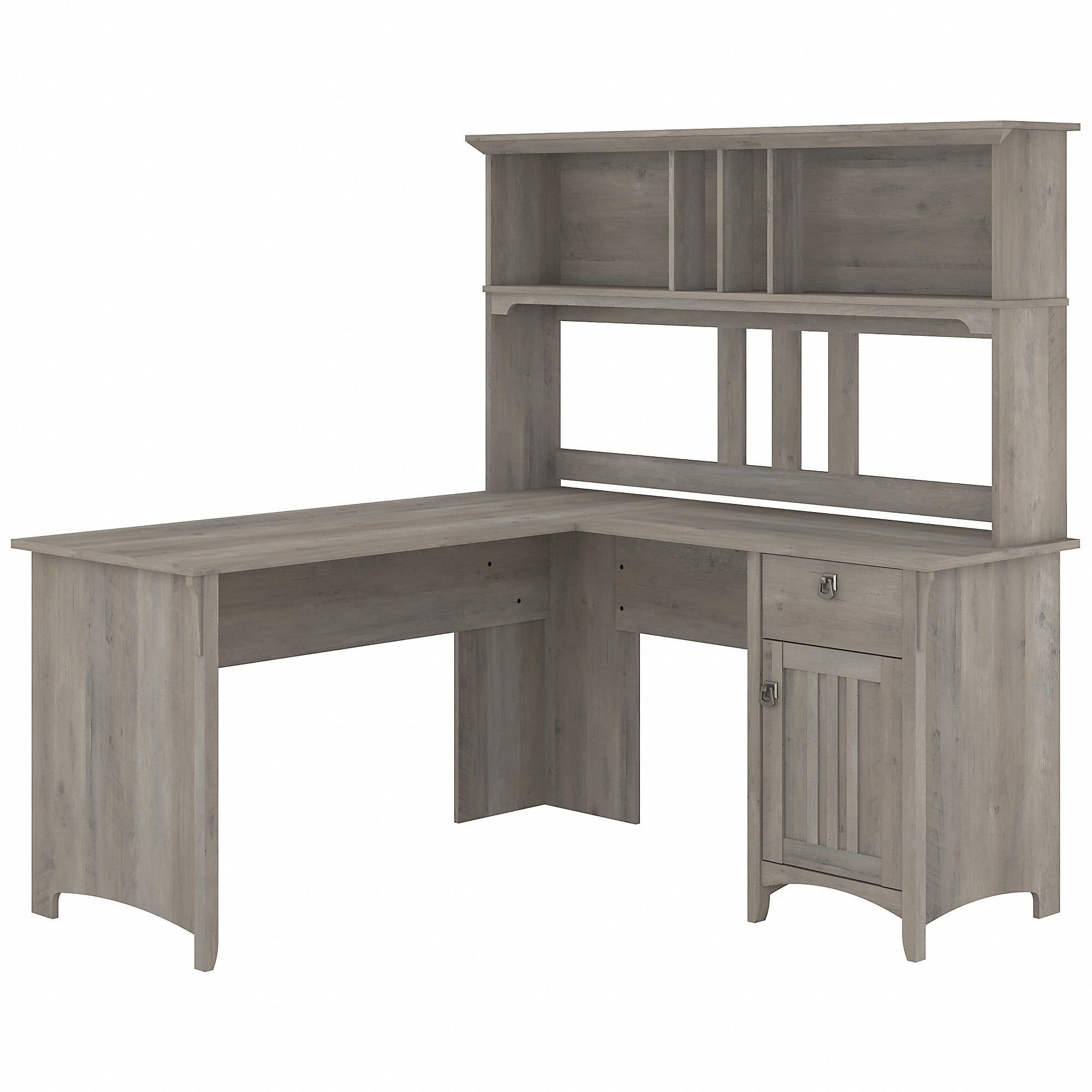 Driftwood Gray L-Shaped Desk with Hutch and Drawer for Home Office