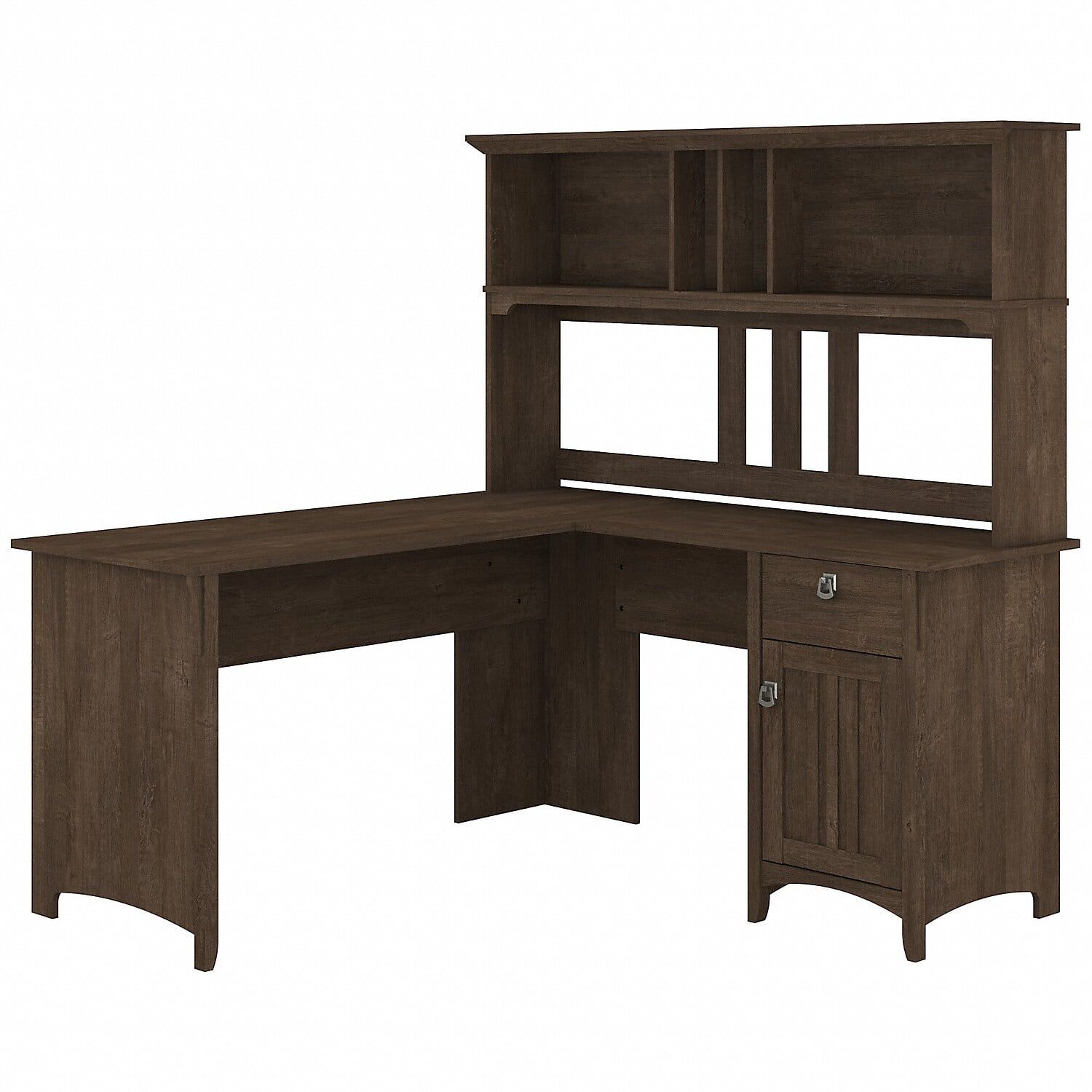 Ash Brown L-Shaped Wood Desk with Hutch and Drawer