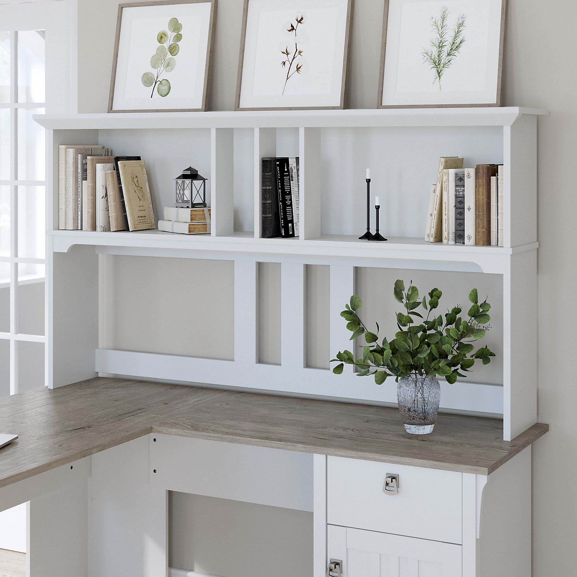 Pure White and Shiplap Gray 60W Desk Hutch with Open Storage